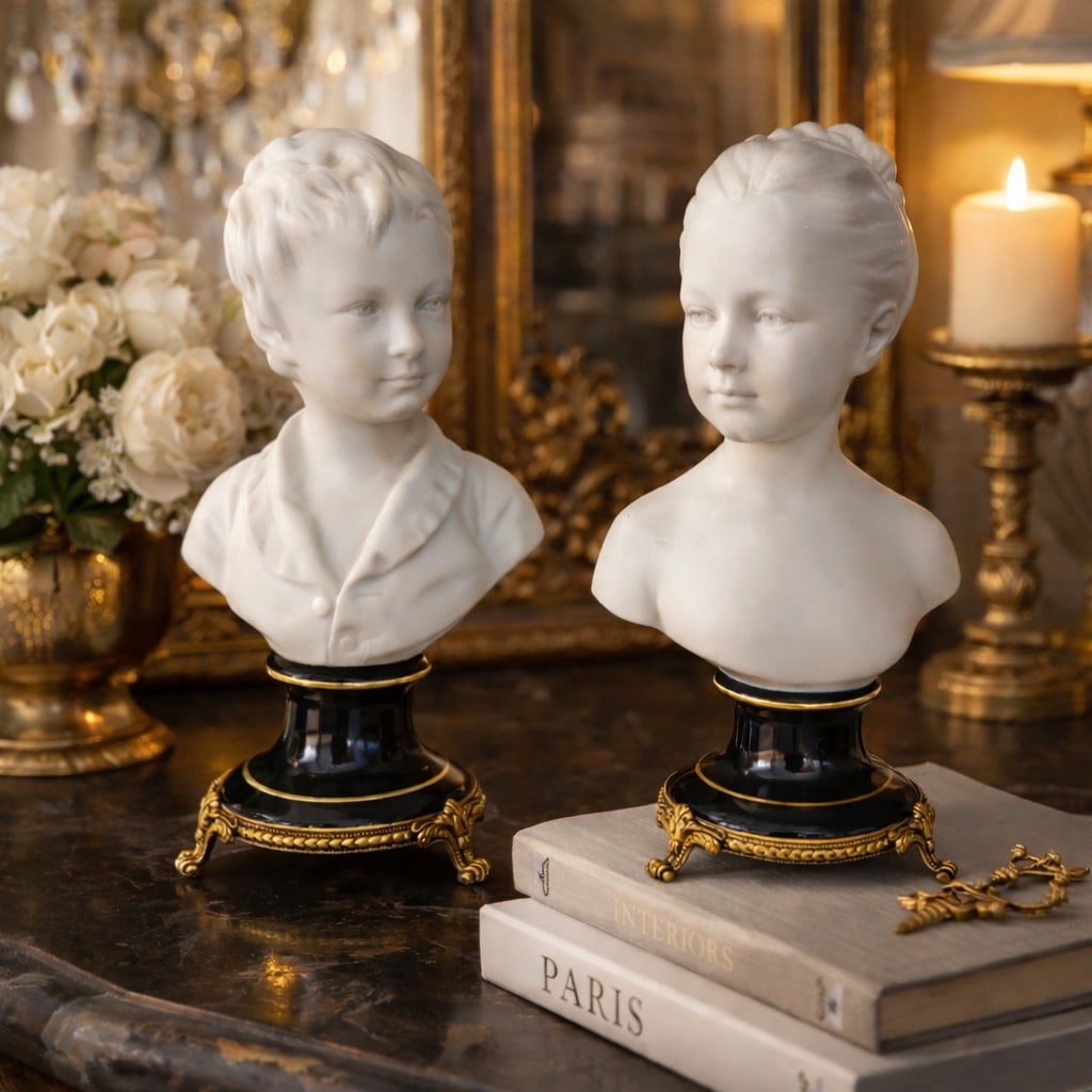 Limoges Bisque Porcelain Brongniart Children Busts After Houdon by Tharaud, a Pair - 2