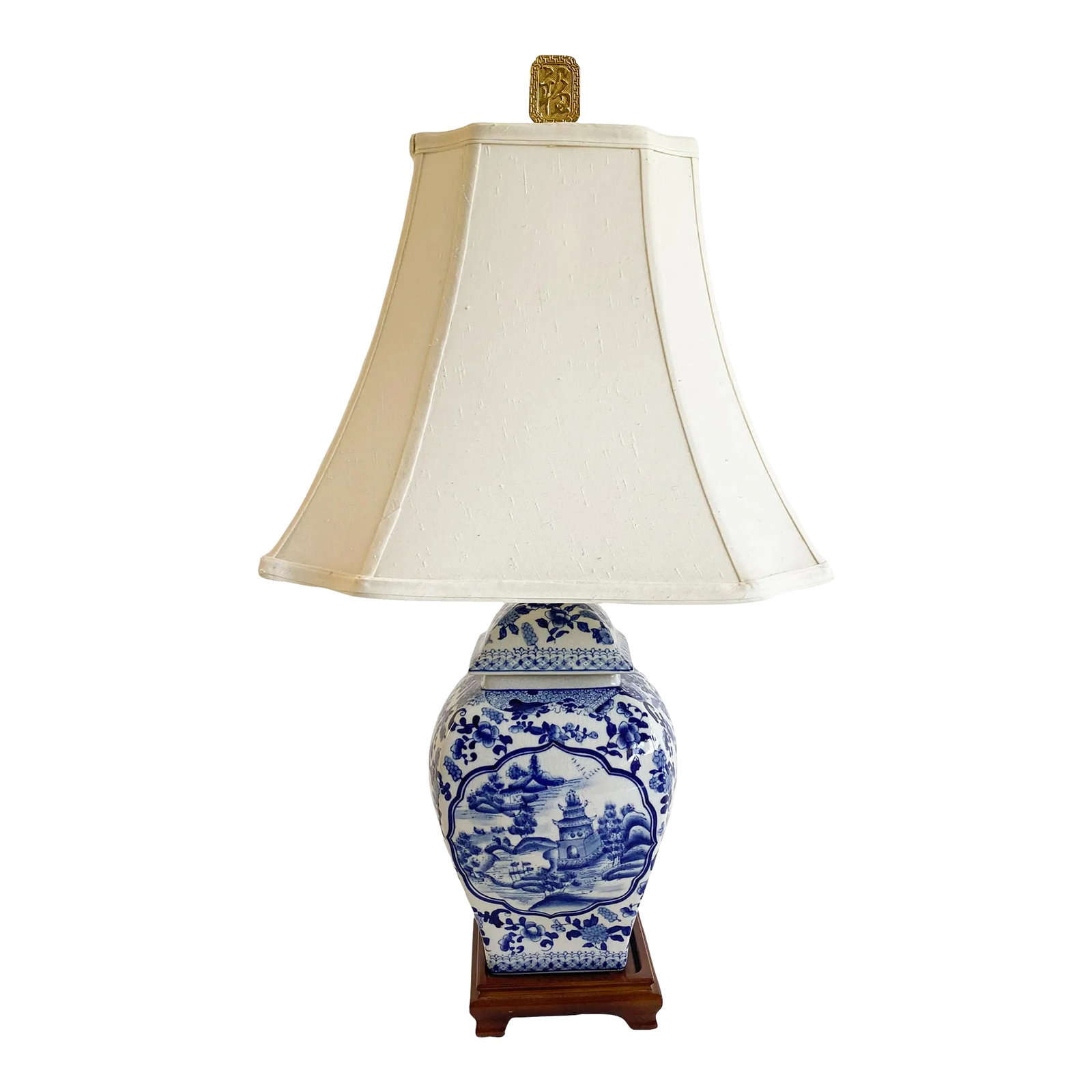 Vintage 1920s Chinese Blue and White Ginger Jar Lamp With Shade: Stunning Vintage Chinoiserie ginger jar lamp with custom raw silk shade and wood base. Obtained from old Chinese family's Montecito California estate. Original origin unknown. New wiring. Standard bul