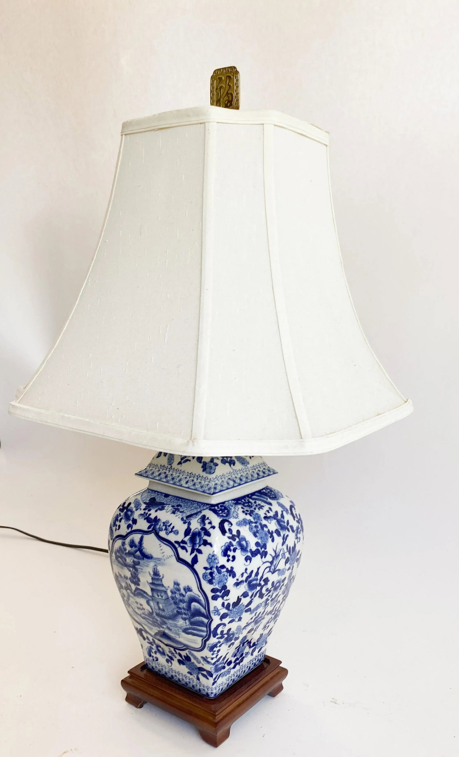 Vintage 1920s Chinese Blue and White Ginger Jar Lamp With Shade - 2