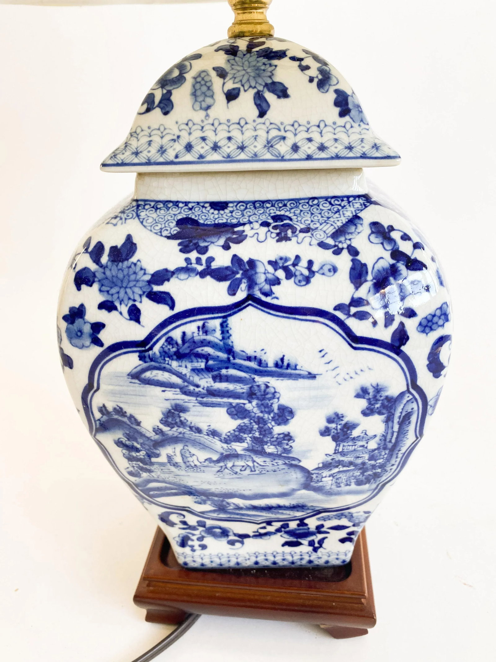 Vintage 1920s Chinese Blue and White Ginger Jar Lamp With Shade - 3