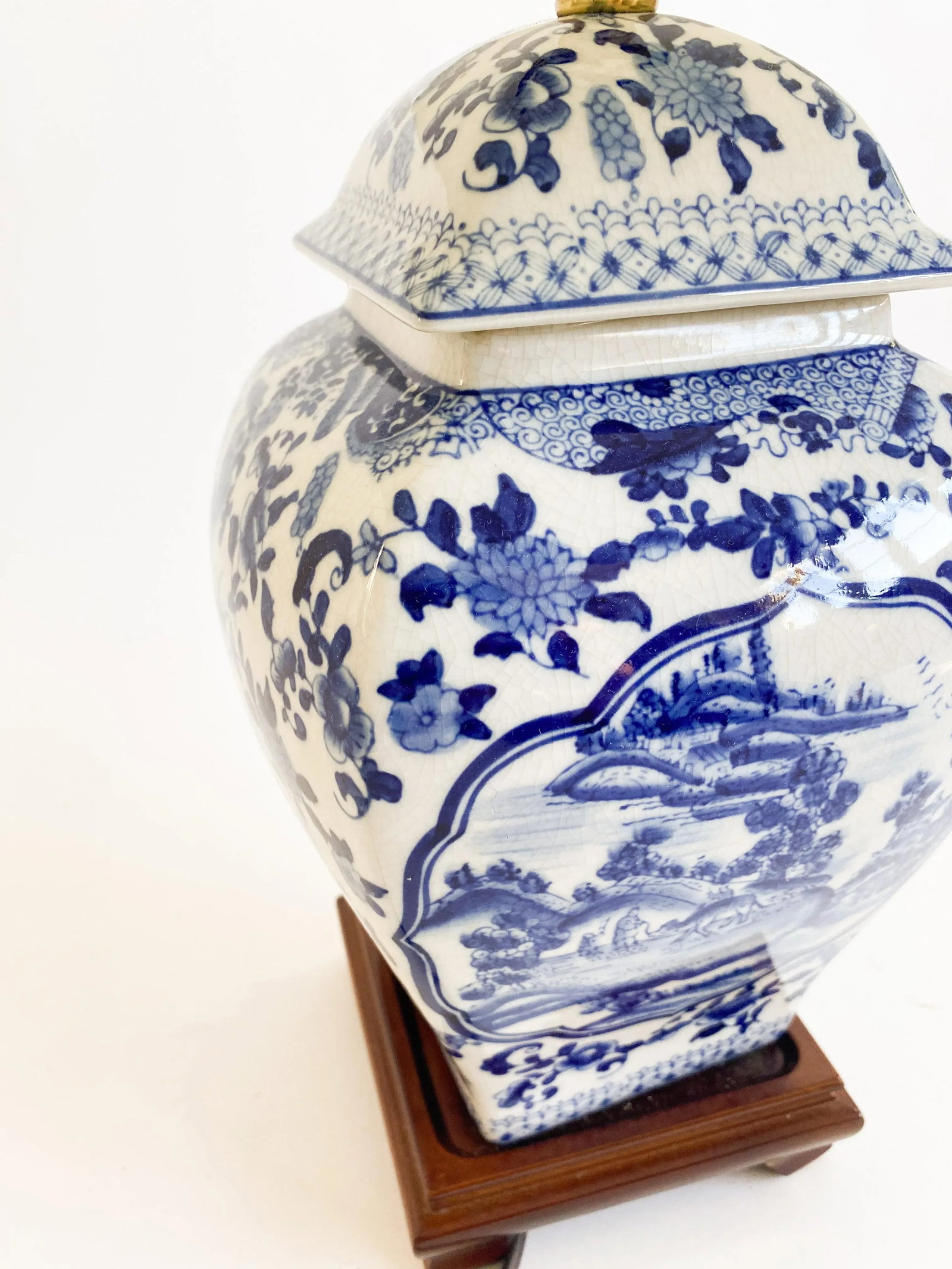 Vintage 1920s Chinese Blue and White Ginger Jar Lamp With Shade - 5