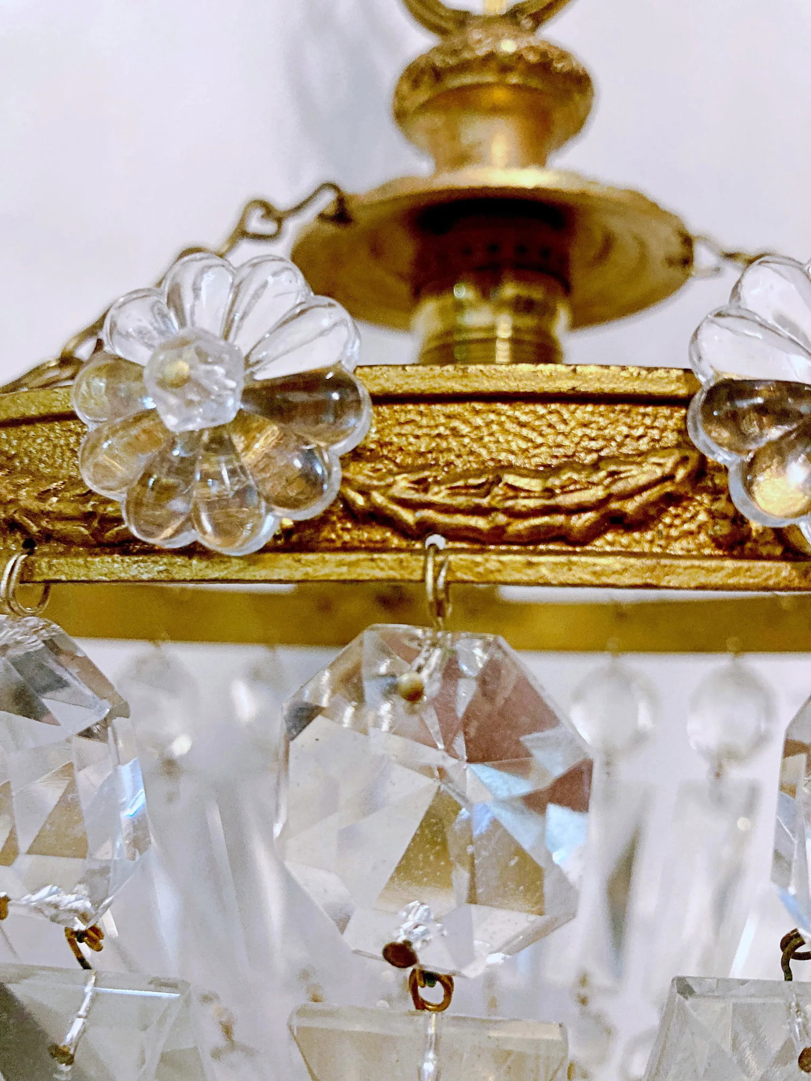 1950s Italian Brass and Crystal Rosettes Rim Basket Chandelier - 5