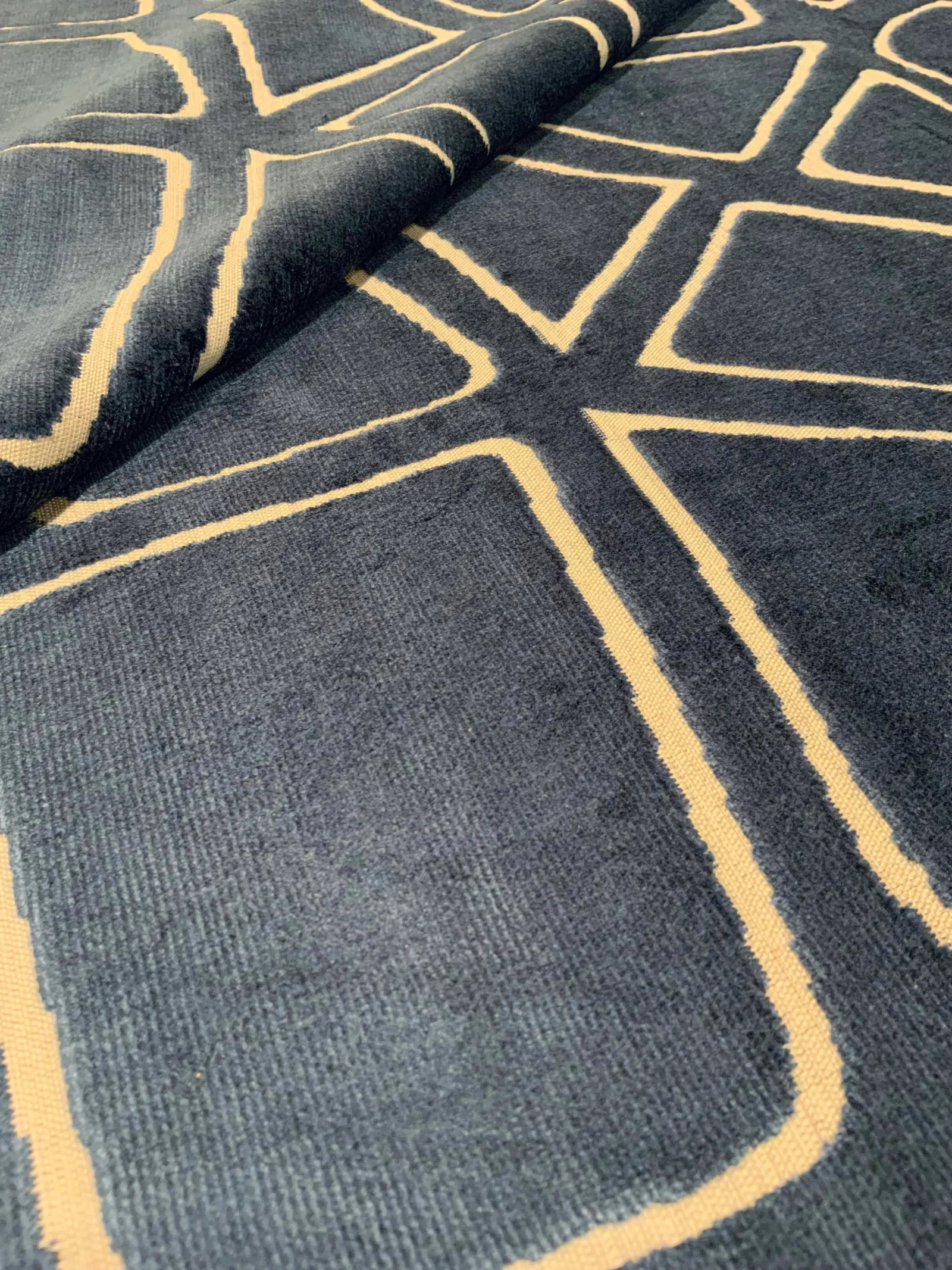 Kravet: Mural Velvet - Oceana 35508.5 Blue and Khaki Cut Velvet Designer Fabric - 3.5 Yards - 3