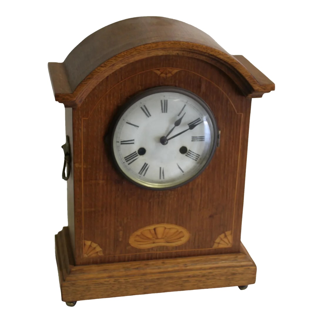 1930s English Oak Clock: A well made all wood Antique Clock with Shell inlay on the front . Purchased in England long ago and kept in a private collection now . circa 1920,s or 30,s . Could be English or French made .No
