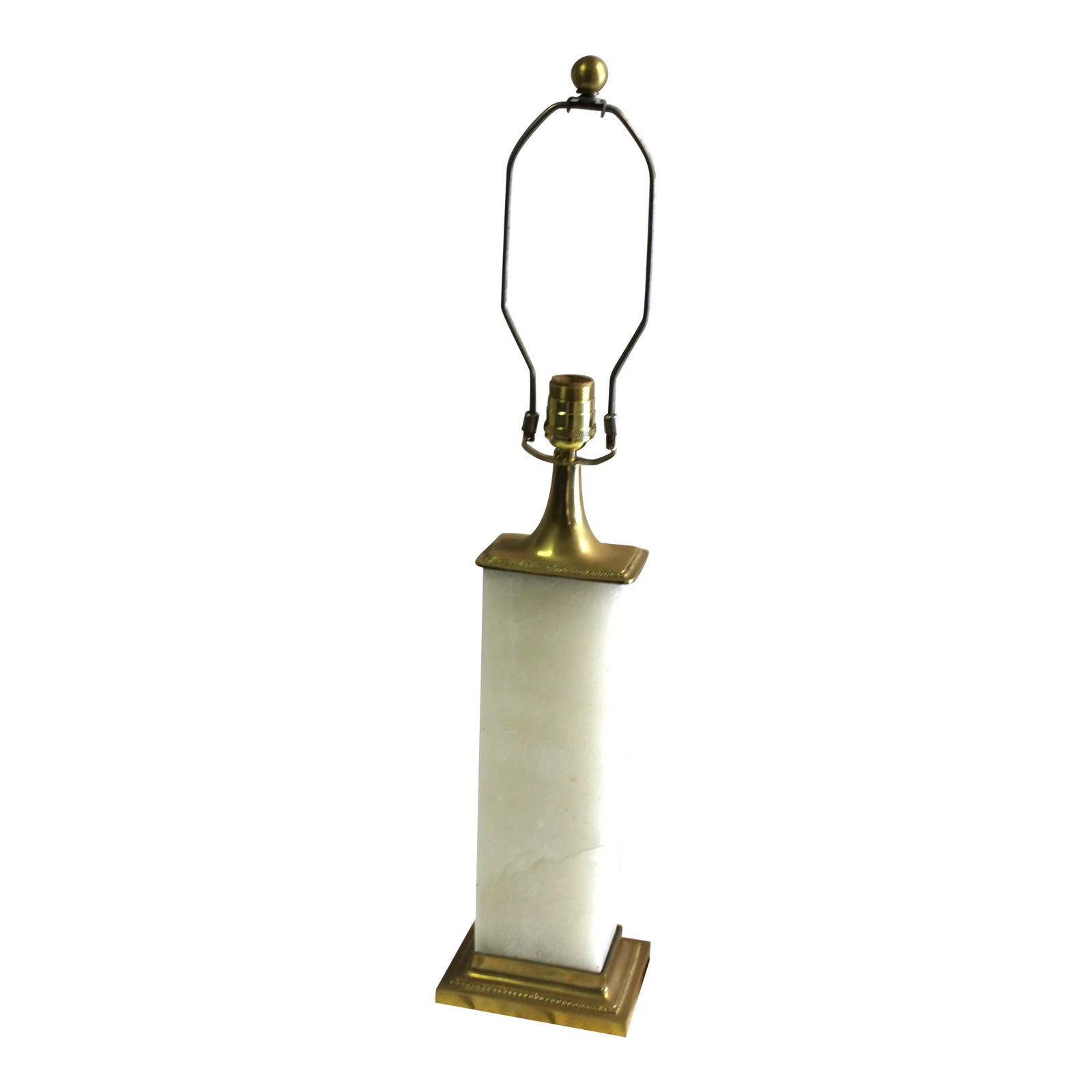Contemporary Mid-Century Modern Style Alabaster Lamp With Brass Hardware,Single: Custom Designed Lamp with a solid block of Alabaster. The base and hardware is solid brass. With a solid brass socket and wired with gold wiring. This is a single lamp that was a sample in a Lighting