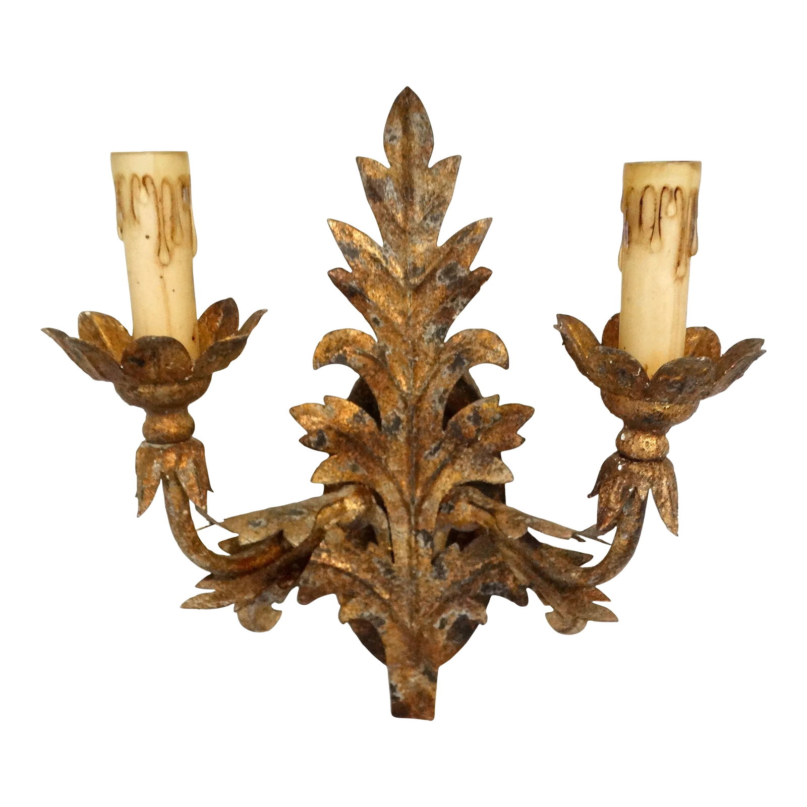 Gold Leaf Double Arm Hardwired Lighted Wall Sconce: Lovely French style gold acanthus leaf double arm hanging wall sconce. This beautiful new and unused hard wired double wall sconce is from Aidan Gray. It has faux 'drip candle' socket covers and uses 