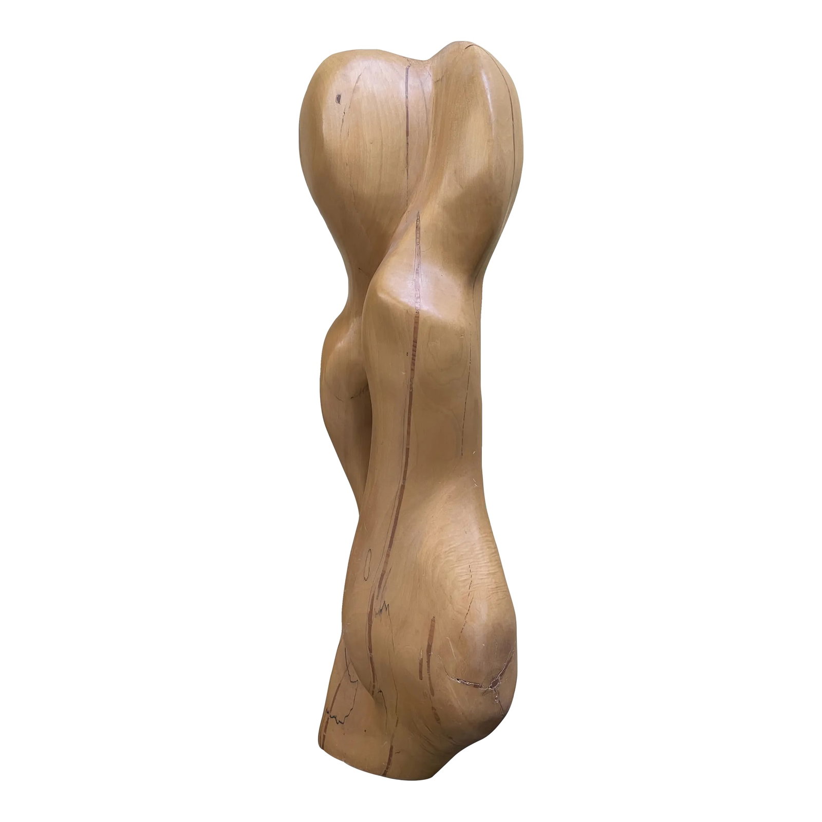Mid Century Modern Abstract Carved Wood Sculpture: Beautiful Modern Abstract Carved Wood Sculpture of two people embracing each other. This carved wood sculpture reminds me of Noguchi Art Pieces. The wood is a light blond wood, and it looks like it