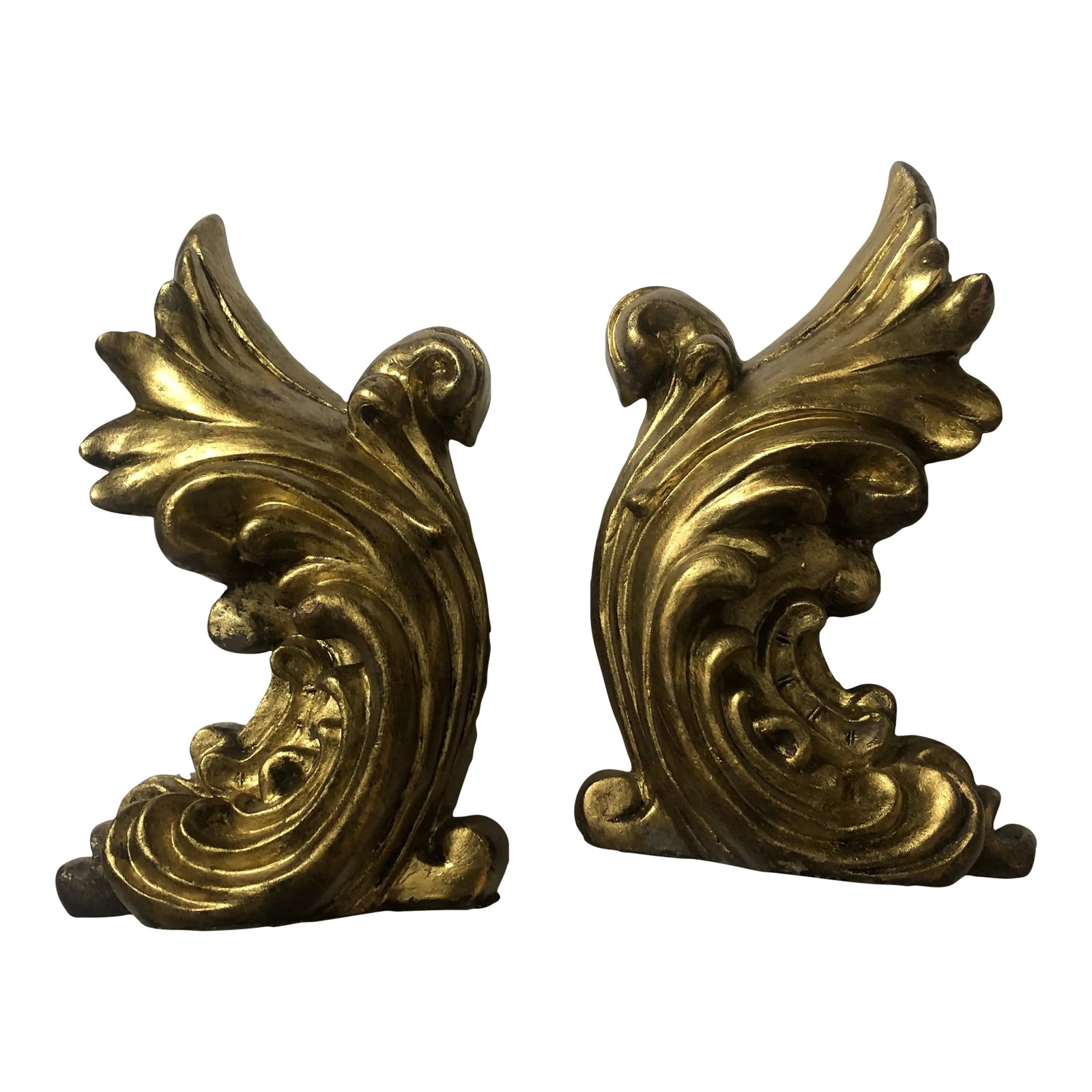 1980s Pair of Gilt Bookends: Elegant design and color pair of gold gold book ends. Can be separated or used together for a great design look Condition: Alterations: Original Condition Unaltered Imperfections: Some Imperfections