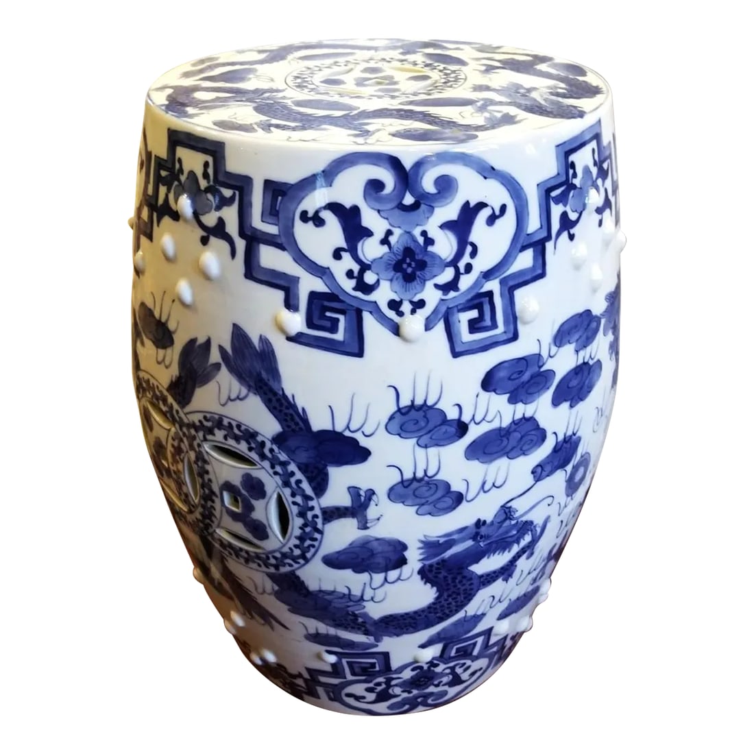 Chinese Blue and White Dragon Garden Seat: This garden seat is a beautiful spot for contemplation in nature! We know you'll love this piece as much as we do. Plus, it has dragons! Will look fabulous in your garden. Heavy! Condition: