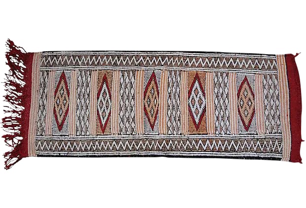 Late 20th Century Moroccan Runner - 3'8'' X 1'4'': A handwoven Moroccan Berber Kilim with geometric shapes and symbols. This gorgeous accent ships within 1-2 business days from purchase, and to be received within 2-4 business days from shipping of