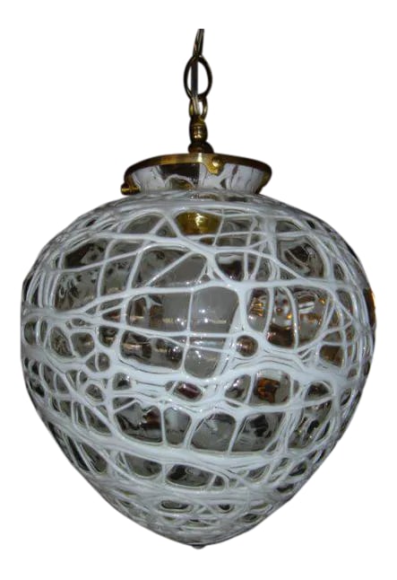 Mid-Century Modern Hanging Globe Lamp Mr7050: Mid Century Modern Hanging Globe Lamp. Clear glass globe that has been overlaid with strips of molten white glass The white feature sticks up so that the surface is not flat New wiring Condition: