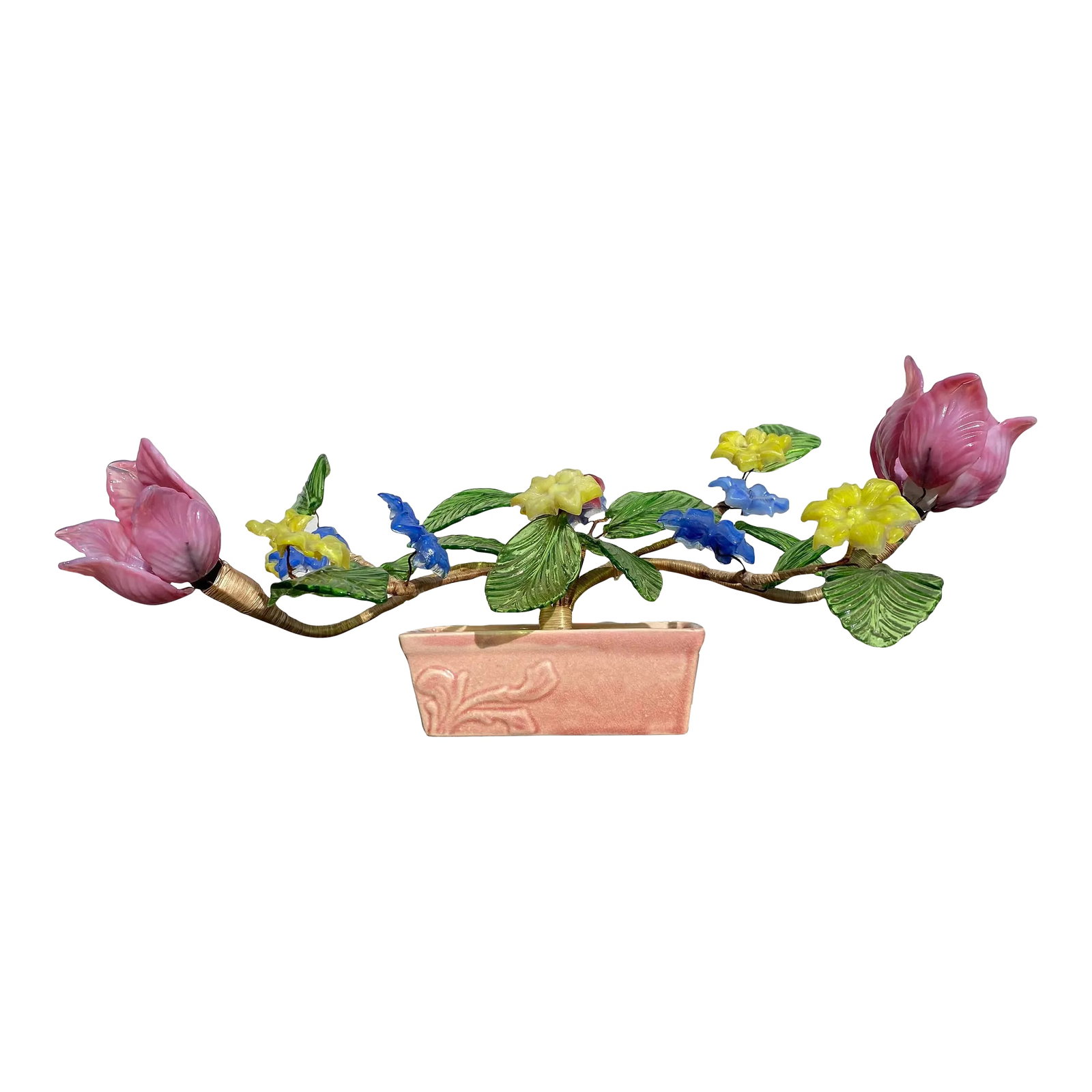 Mid 20th Century Glass Potted Jade Glass Flower Light: This colorful pot of jade glass flowers has a wonderful surprise- it lights up! A bulb socket is hidden in each of the two pink flowers. The whole plant is permanently cemented into the art pottery