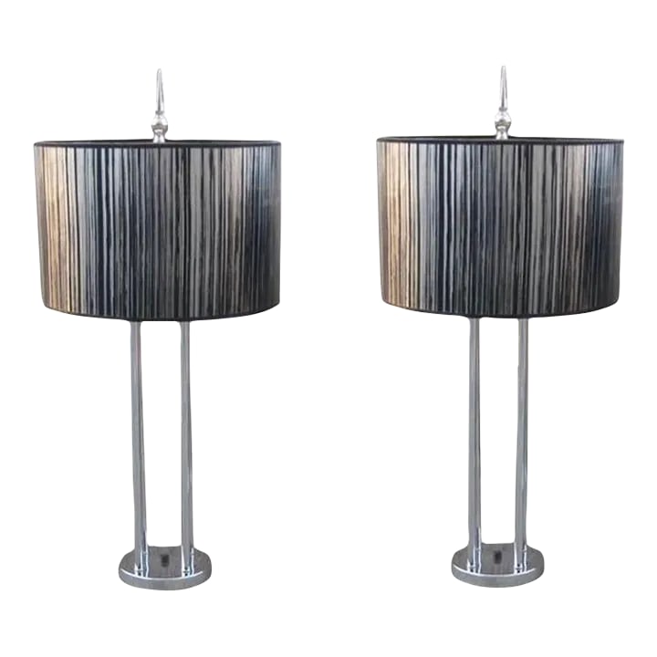 1970s Tall Nickel Mid-Century Modern Table Lamps - a Pair: Pair of tall 4 post table lamps with spire finial, with double porcelain sockets for up to and possibly beyond 300 wats and original shades, although you can purchase new shades we offer the original
