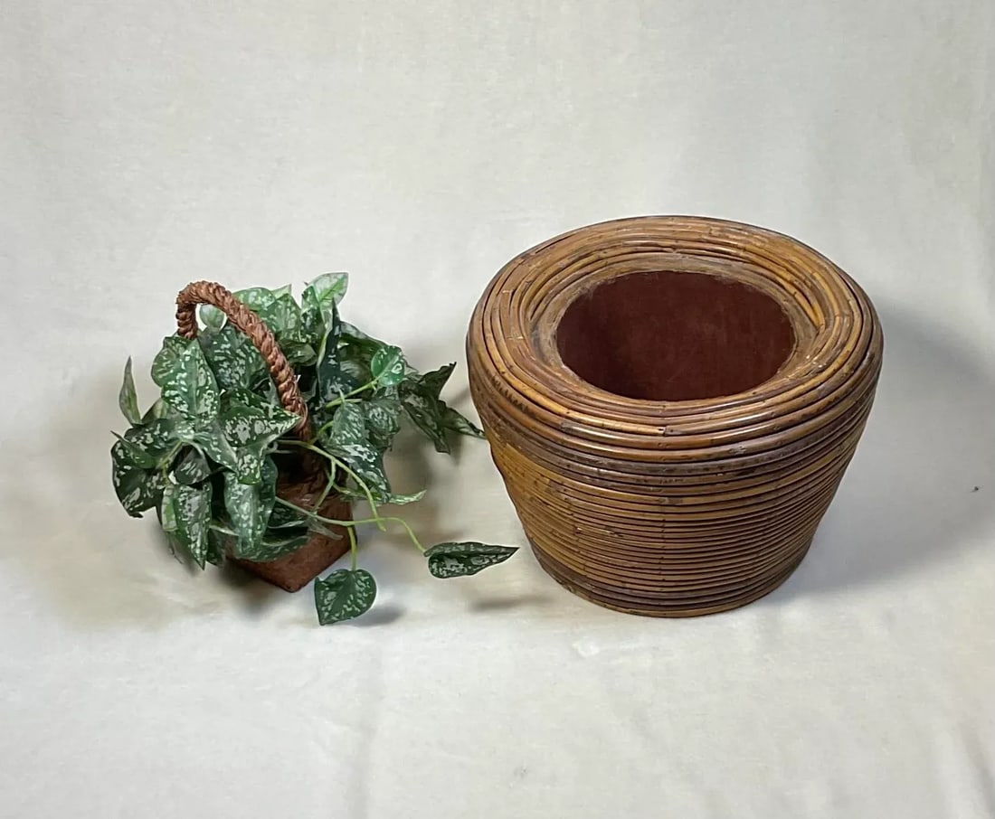 Vintage Gabriella Crespi Style Pencil Reed Beehive Ratan Bamboo Storage Planter Vessel Italian W/Lin - 10