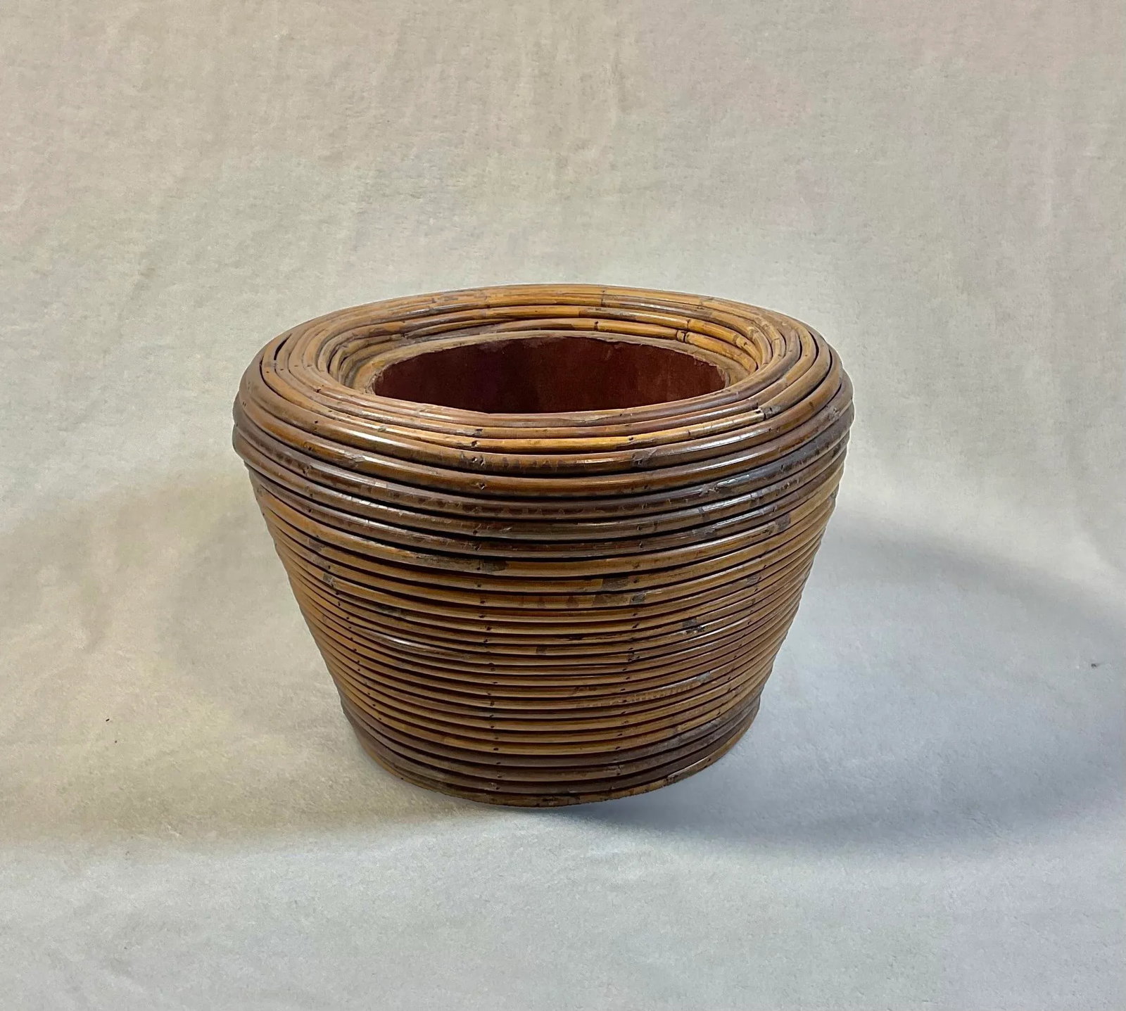 Vintage Gabriella Crespi Style Pencil Reed Beehive Ratan Bamboo Storage Planter Vessel Italian W/Lin - 12
