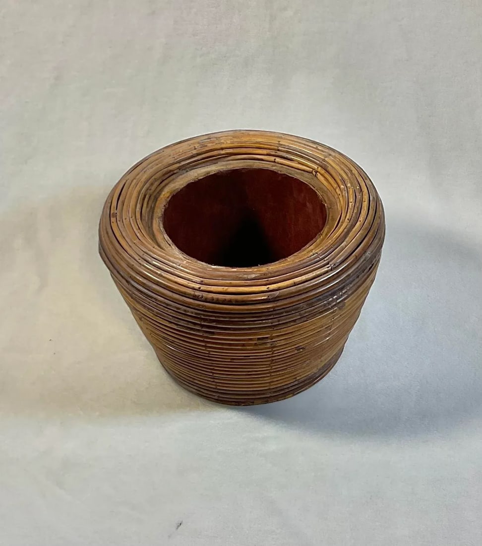 Vintage Gabriella Crespi Style Pencil Reed Beehive Ratan Bamboo Storage Planter Vessel Italian W/Lin - 2