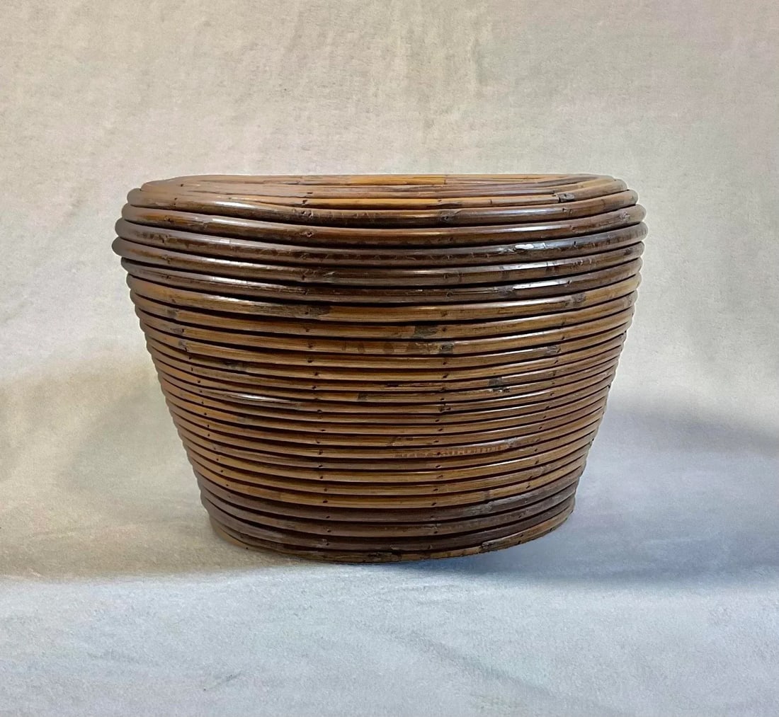 Vintage Gabriella Crespi Style Pencil Reed Beehive Ratan Bamboo Storage Planter Vessel Italian W/Lin - 3