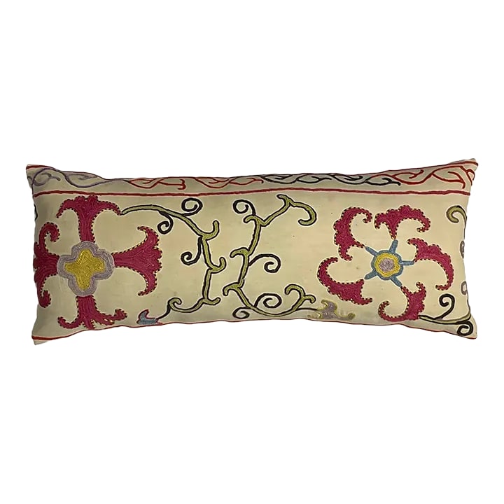 Single Antique Silk Embroidery Suzani Pillow: Single pillow made of antique hand silk embroidery Suzani textile, beautiful vine and flowers motifs. Fresh quality insert, fine cotton backing. Some missing embroidery due to age and oxidisation,