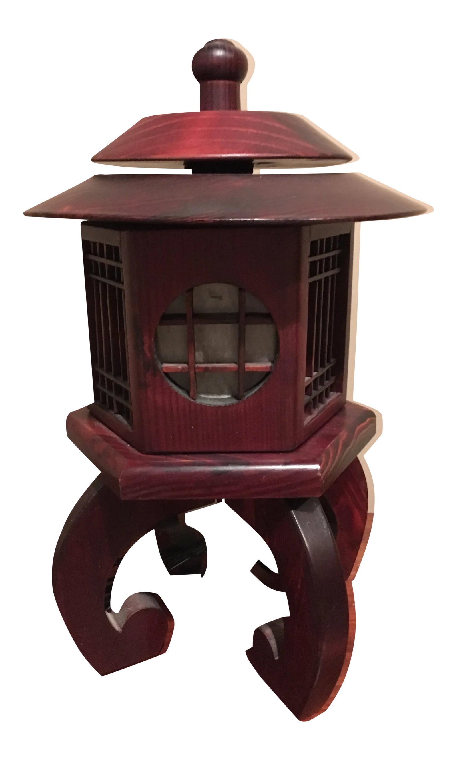 Vintage Chinese Rosewood Lantern: A work of art, the grain of the wood is beautifully visible. Intricate hand crafted hexagon tier tower lantern. The rice paper slightly torn(see pictures)irregularity with the top wood (see