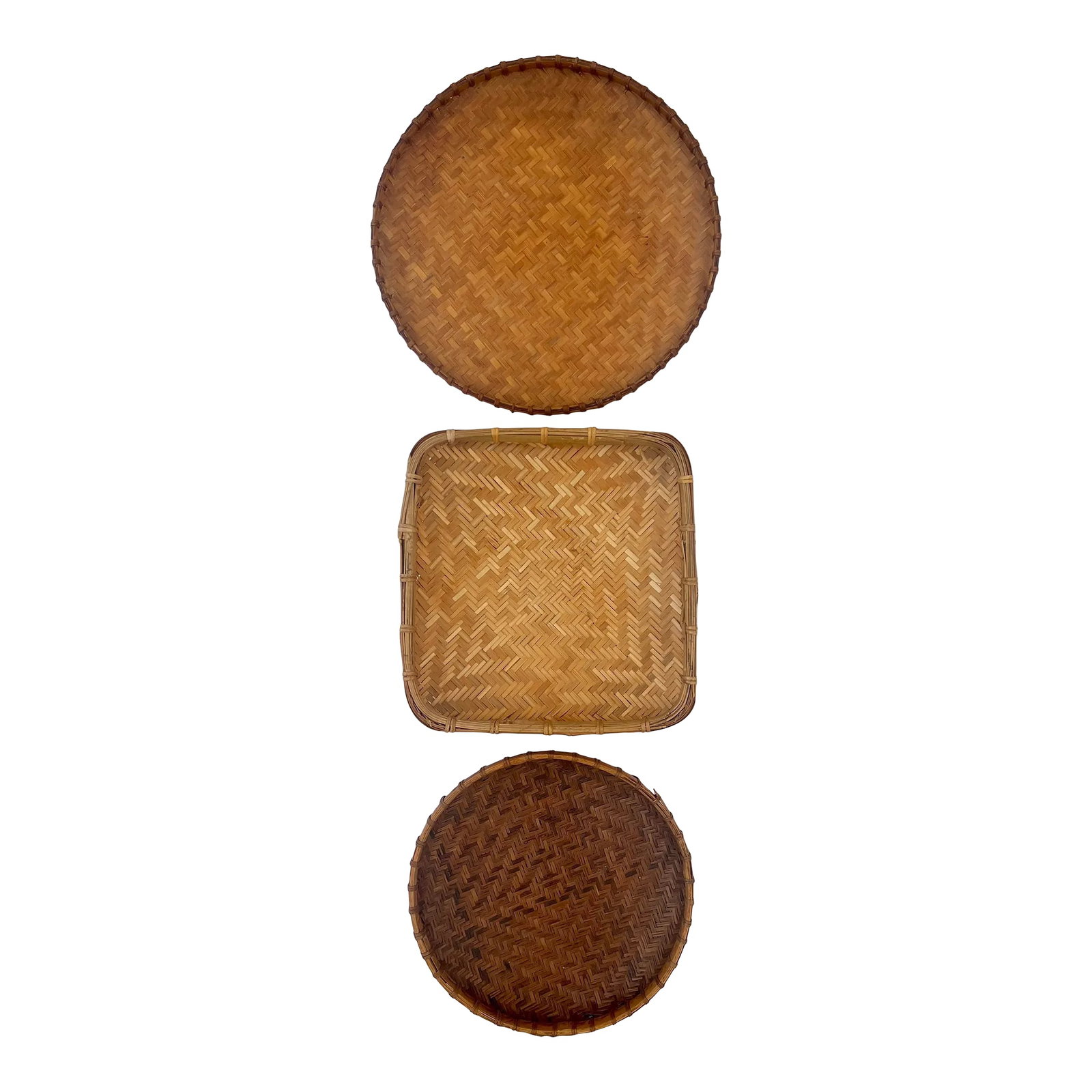 Round Graduated Natural Woven Wicker Rattan Winnowing Tray Baskets- Set of 3: A set of three winnowing trays that would live their best life as a wall display. All are in varying shades of tan and could be arranged to your liking or added to your collection. Excellent