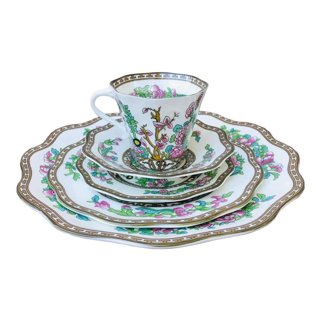 1970s Coalport 5-Piece Bone China Cup and Plate Set "The Indian Tree": Beautiful Coalport 5 piece "The Indian Tree" bone china dining set. Now vintage repro of the classic Coalport 1801 design. Made In England Date: 1970s (maybe 60s). The largest plate measures: 10 1/2" 