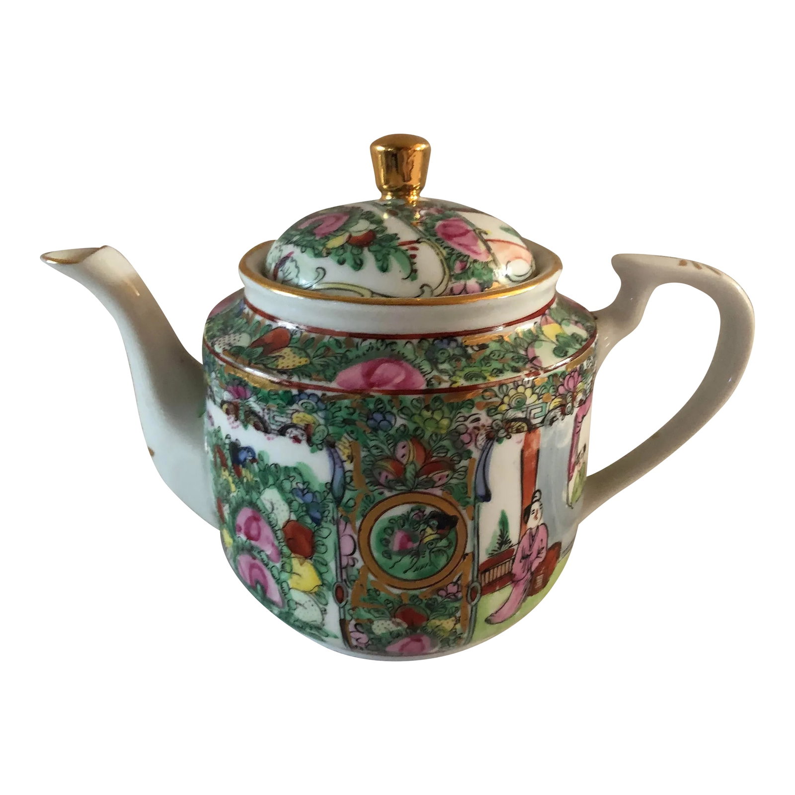 Circa 1960s ACF Rose Medallion Tea Pot, Hong Kong: ACF rose medallion tea pot , measuring 9" x 5" x 6.5" Hand painted Japanese ware with flowers , people ,birds, highlighted with gold . Made in Hong Kong. Circa 1960's Pristine condition Condition: