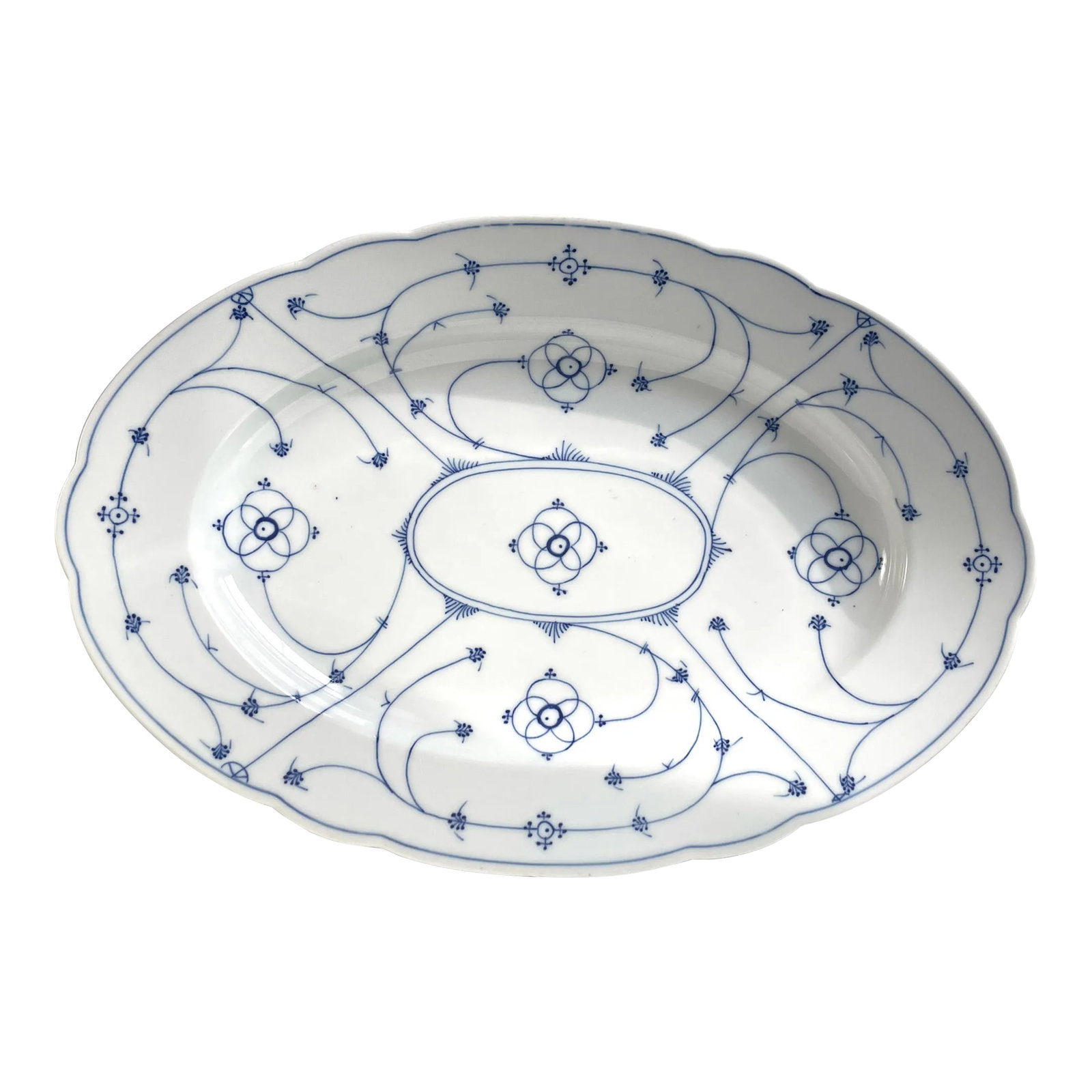 Turn of the Century German French Blue & White Platter With Hand-Painted Strawflower Design: Beautiful turn of the century German French blue & white platter with hand-painted Strawflower Design. Heavy with nice deep center. 11" by 16.5" and 2" deep. Condition: Alterations: Original Condition