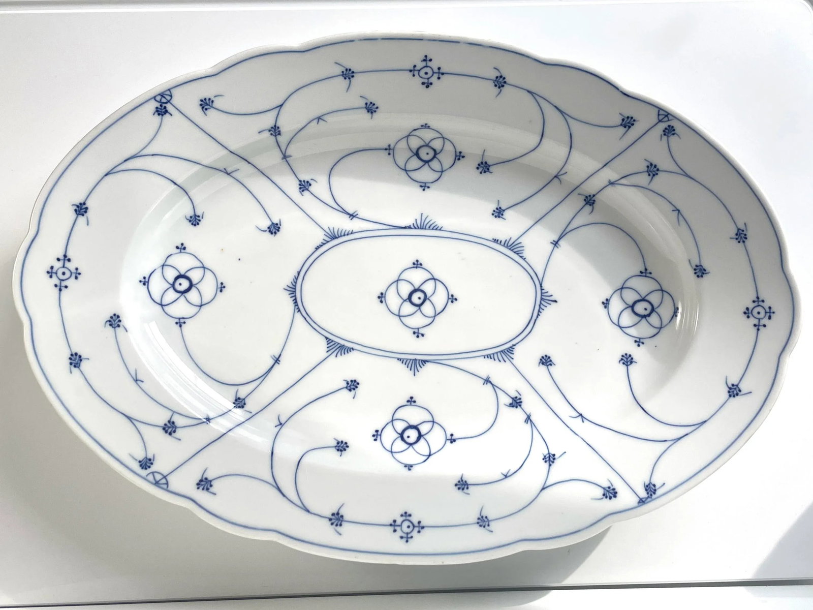 Turn of the Century German French Blue & White Platter With Hand-Painted Strawflower Design - 8