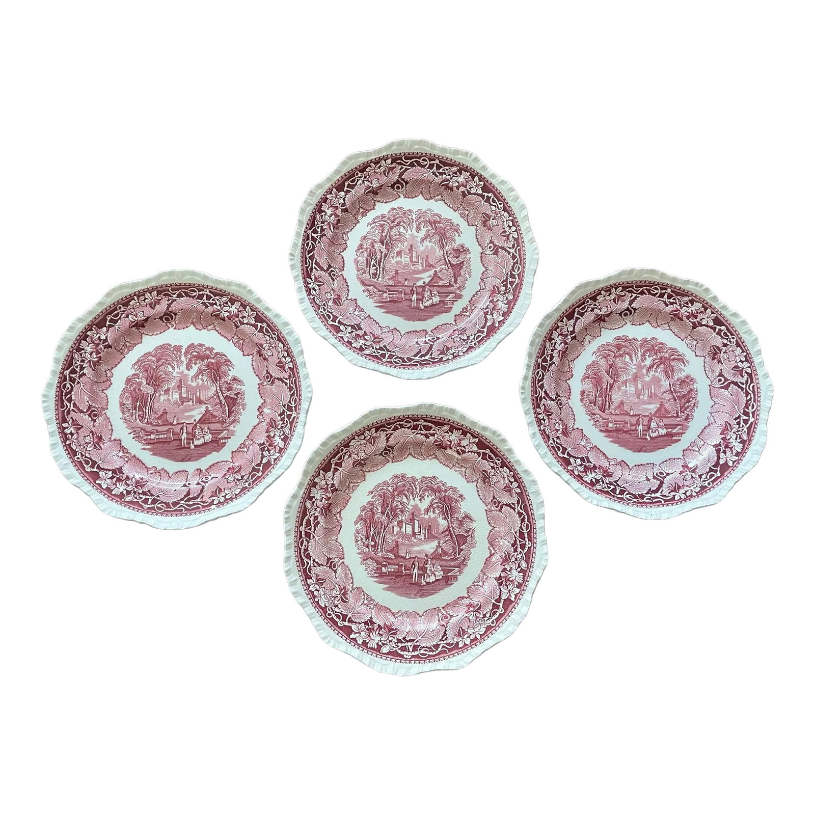 Vintage Mason's Ironstone Countryside Plates Made in England - a Set of 4: Ironstone plates by Mason's made in England. These plates depict and english countryside. Pink and white plates with scalloped ribbon edges. Beautiful pieces that can be used for dining or decorative