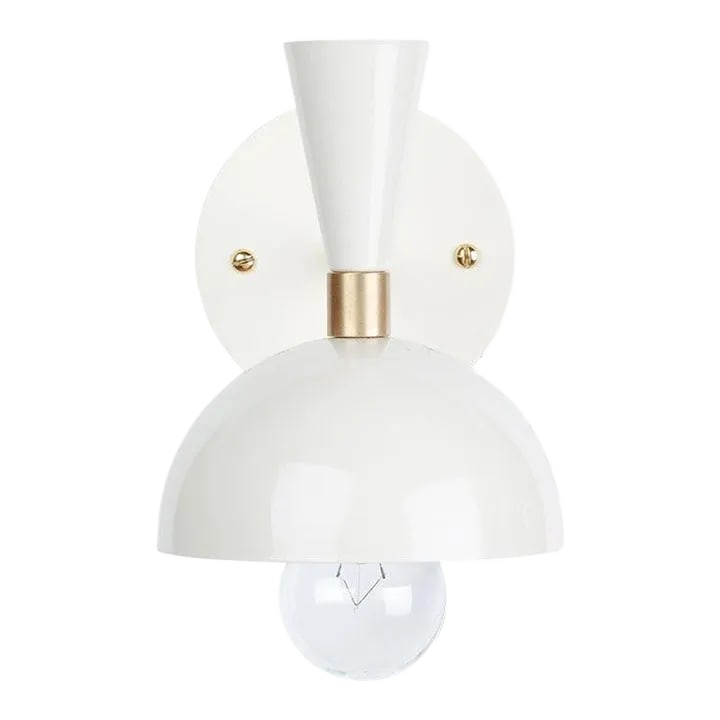 Modern Contemporary White & Brass Cozu Wall Sconce: Small, newly fabricated in Los Angeles, single white metal and brass wall sconce with pivoting shade. 5" Wide x 7" Deep x 6" High Condition: Imperfections: No Imperfections Origin: United States