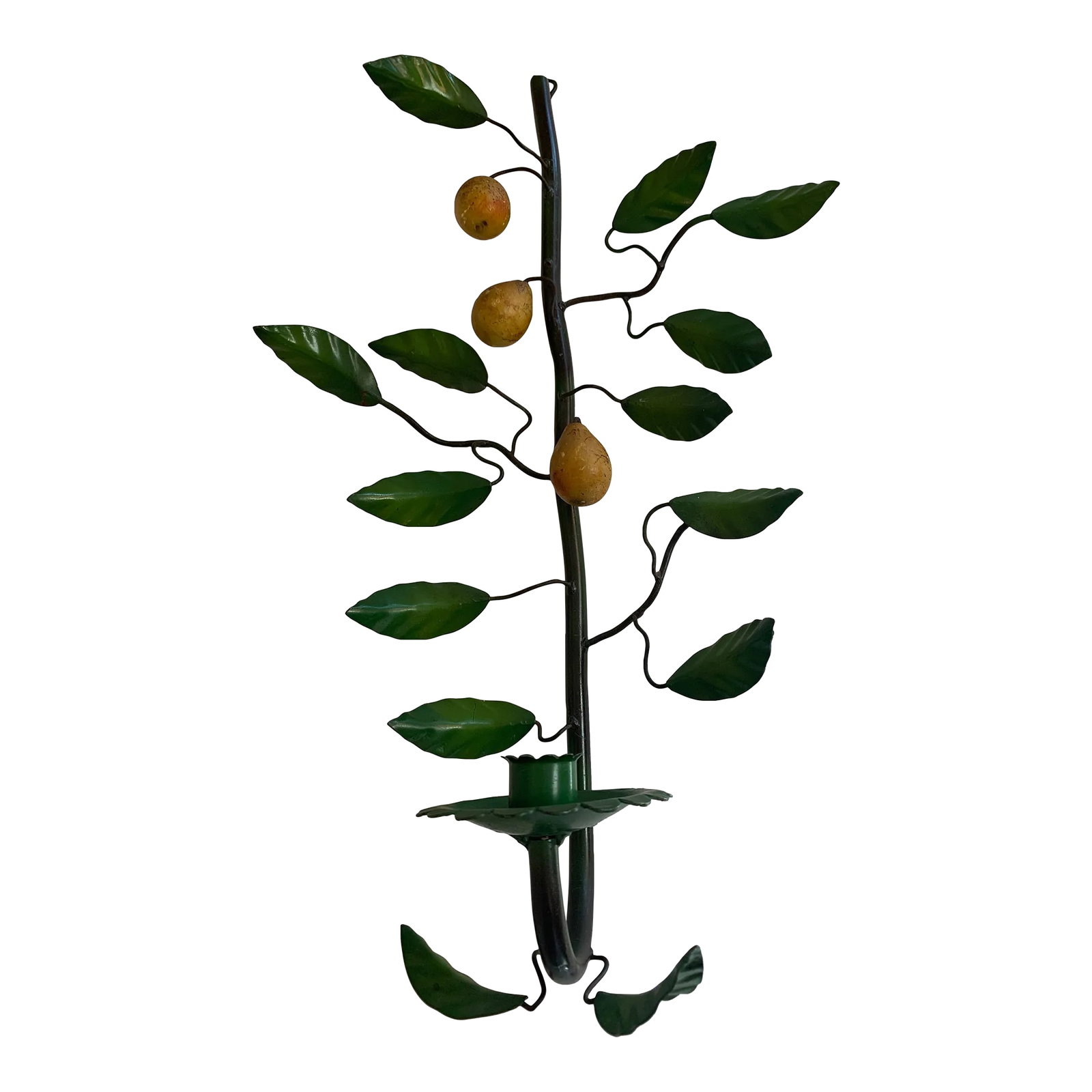 Vintage Green Stem With Yellow Pears Candle Holder Sconce: Lovely vintage taper candle sconce with dark green leaves and ripe pears. It has a delicate and realistic look. The taper holder has double-scalloped edges. Hook on back to hang. It can be made even m