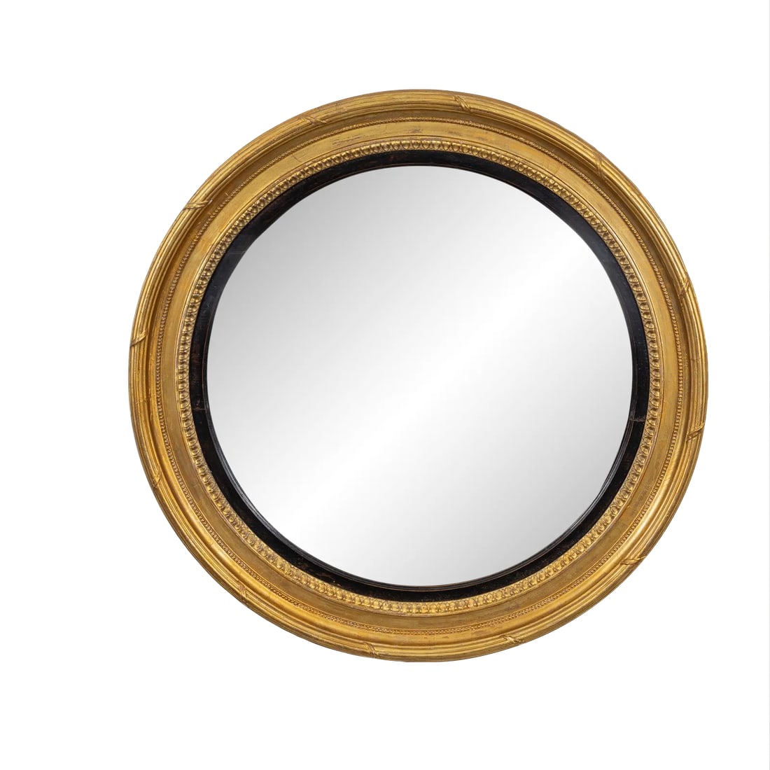 Regency Large Convex Mirror, Circa 1810: Large elegant Regency giltwood convex mirror with ribbon detail on reeded edge, tiny beaded and egg and dart design on the inner border, with ebonized slip. There is some deterioration on the lower ha