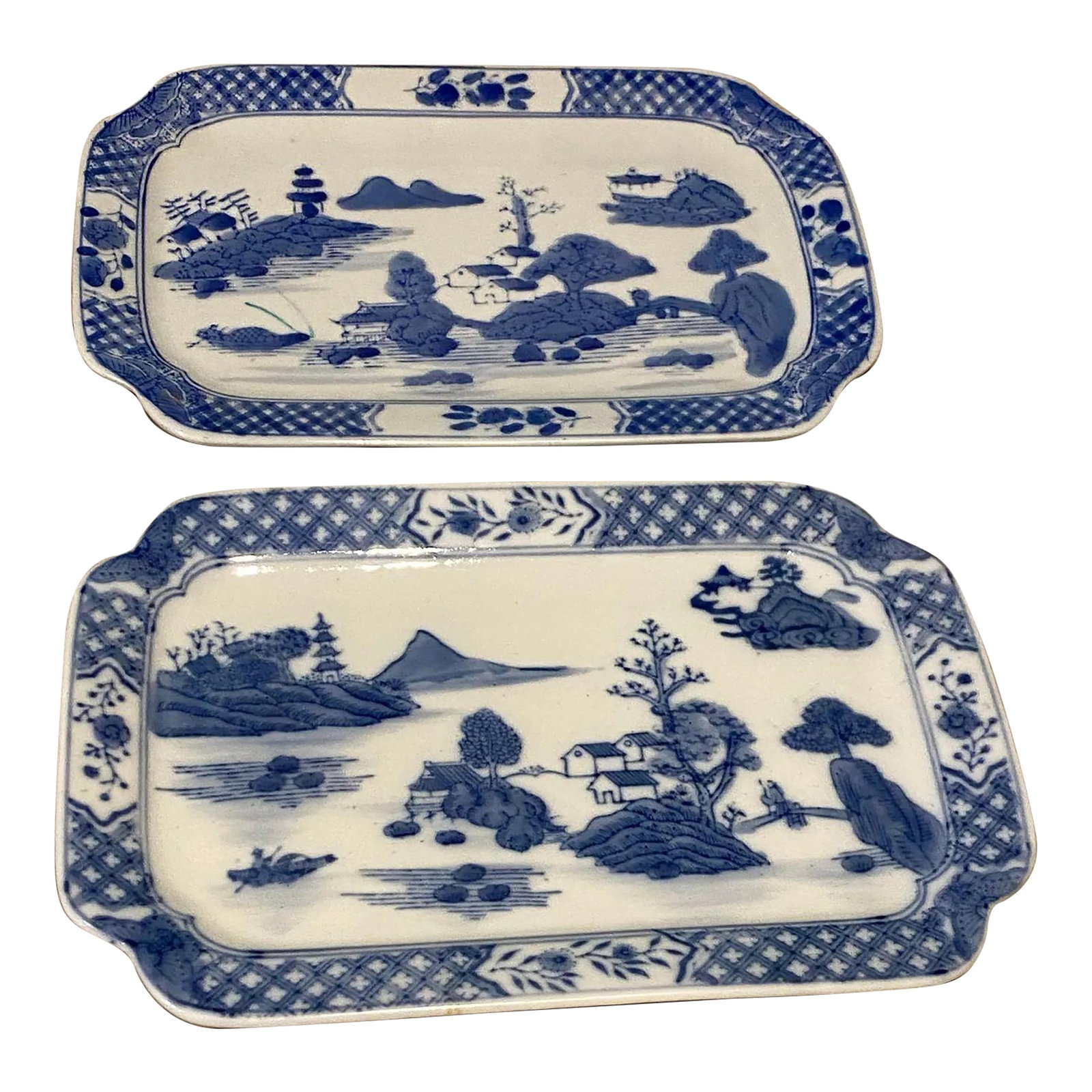 Vintage Blue and White Chinoiserie Rectangular Plates Set of 2: Chinoiserie blue and white decorative plates, made in China from a large asian collection Condition: Alterations: Original Condition Unaltered Imperfections: Some Imperfections Condition Notes: no