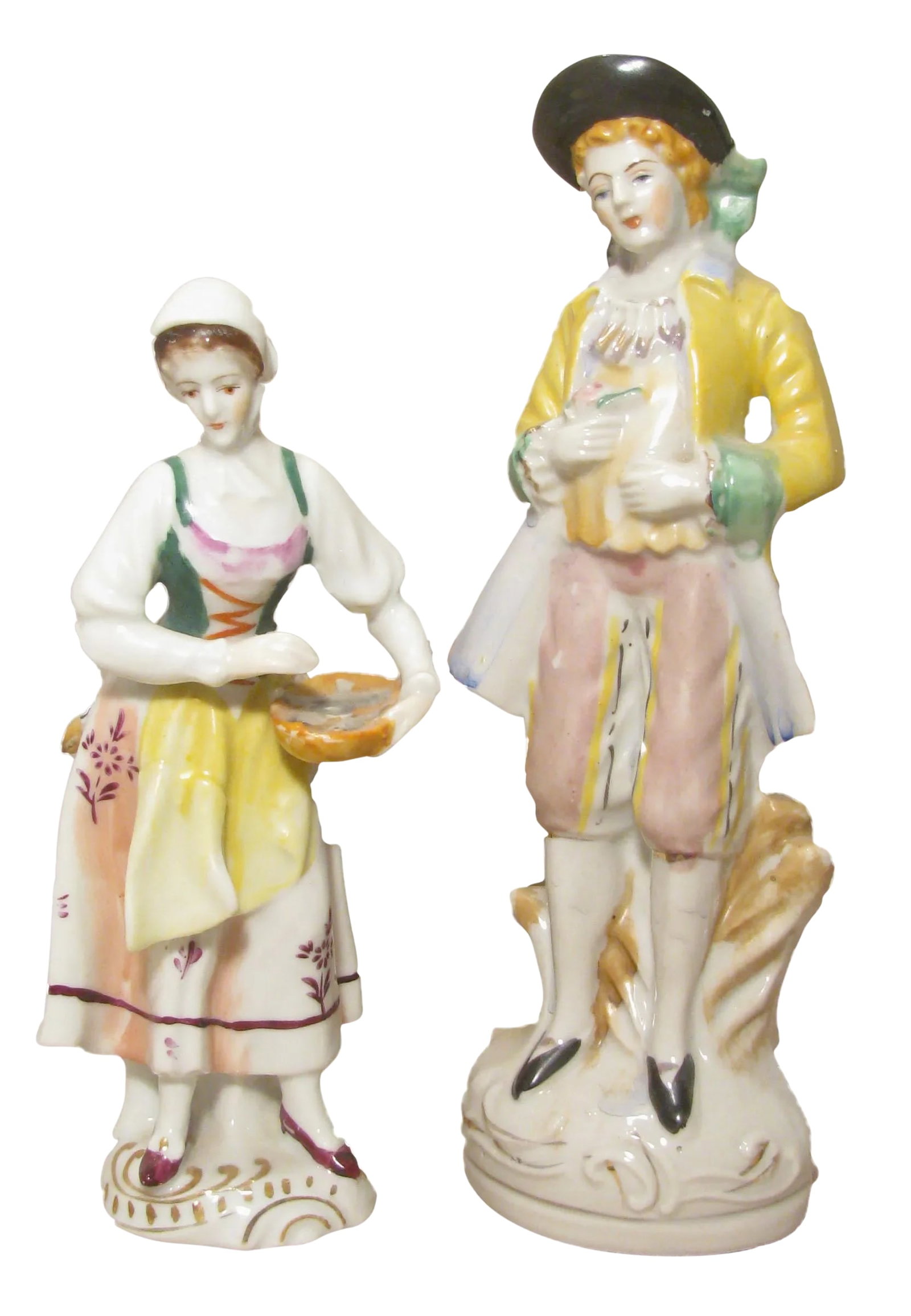 Staffordshire Style Figurines - A Pair: Charming pair of Staffordshire style figurines -- a fishmonger lass and a colonial lad who has come courting with a lovely bouquet for his beloved. Beautifully crafted with fine attention to detail.