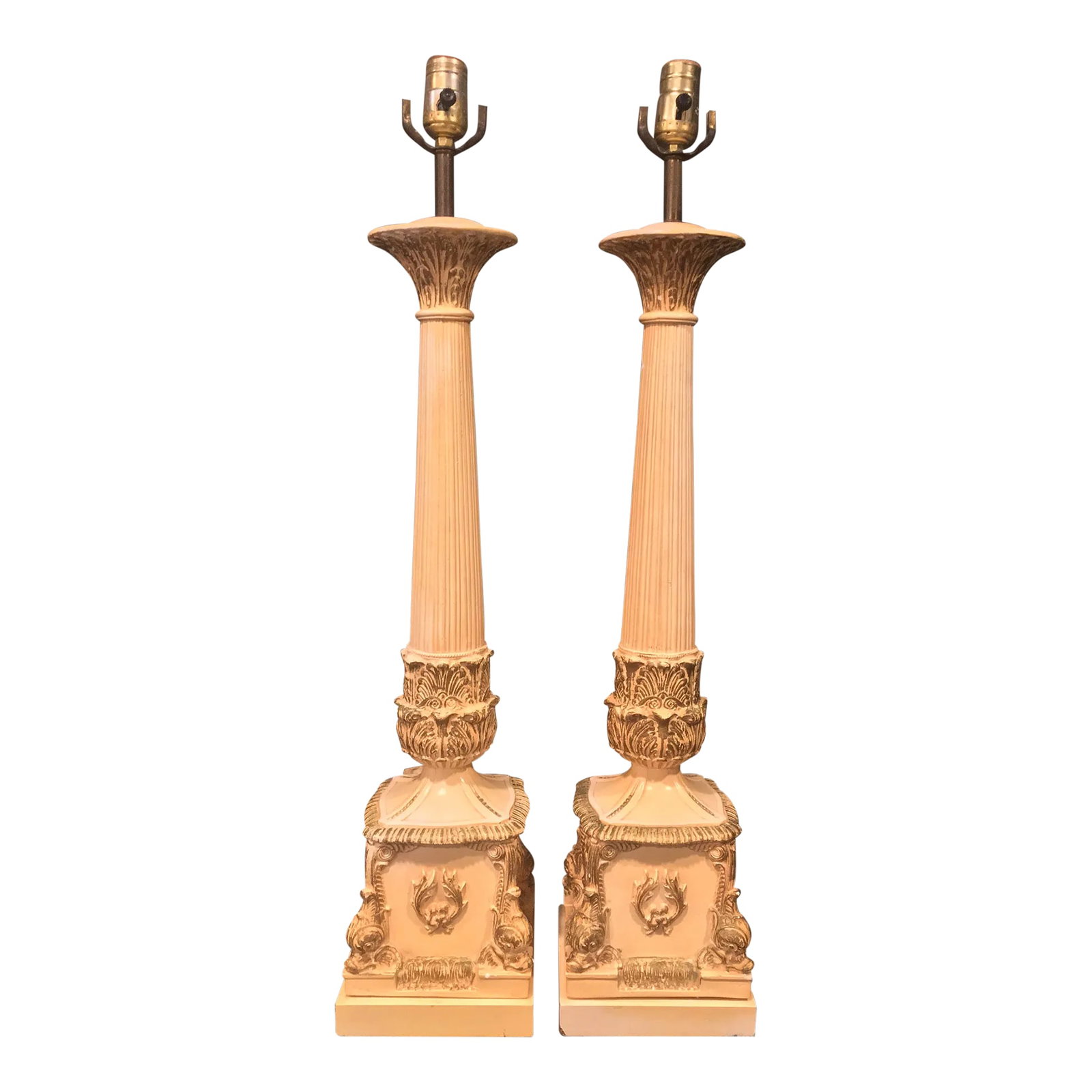 Vintage Mid-Century Tall Neoclassical Plaster Lamps, a Pair: Straight from the late '40s or early '50s, these super tall lamps will add the same elegance to your home as they did to the Traditional or Hollywood Regency living room of that era. The yellowish