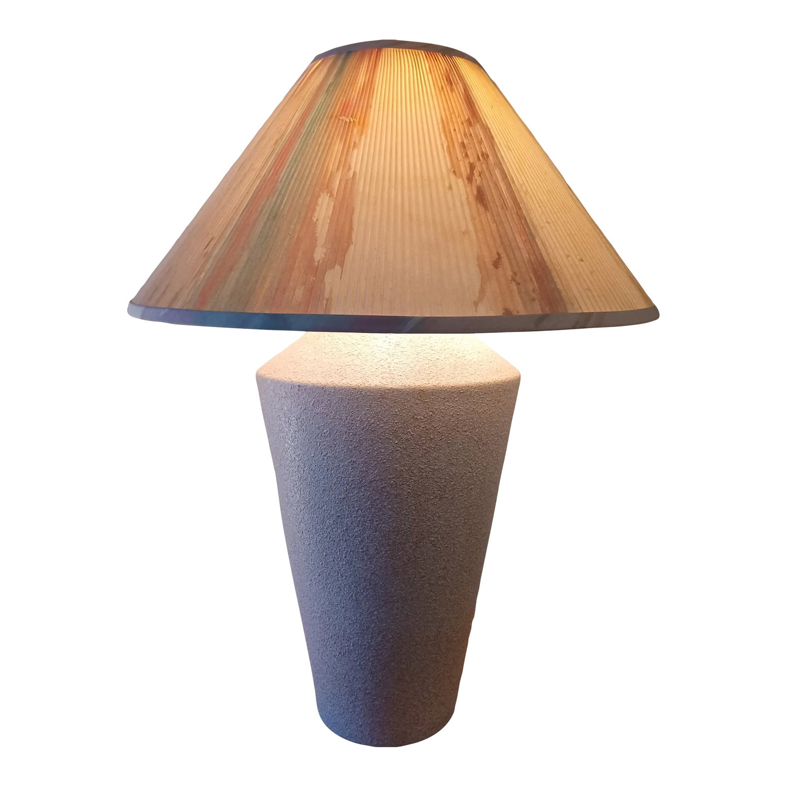 Vintage 1980s Ceramic Table Lamp: Fabulous 1980s table lamp with pastel colored shade. I just love the shape and texture of this lamp. It stands 25" tall and its shade has a 19" diameter. Its base at its widest measures 10". **Please 
