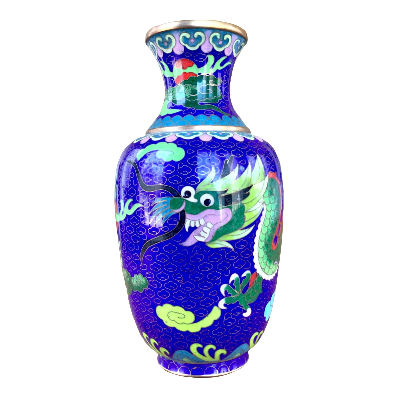 1960s Vintage Cloisonne Dragon Vase: A Colorful Vintage Cloisonne Dragon Vase. A beautiful vintage cloisonne vase with a dragon and floral design. Bright and colorful with gilded detail. Made of metal. 8" tall and 5" at widest point.
