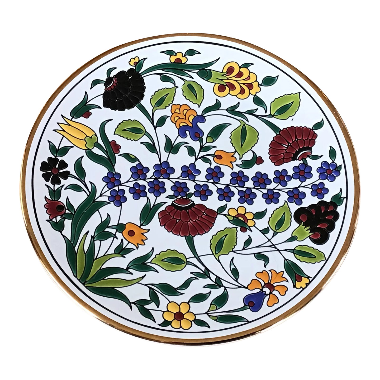 Vintage Greek Hand-Painted Dish With Gold Trim: Greek Hand-Painted Vintage Enamel Botanical Plate Tray With 22K Gold Trim. Manousaukis Ceramics, artisan crafted in Rodos Greece. Condition: Alterations: Original Condition Unaltered Imperfections: