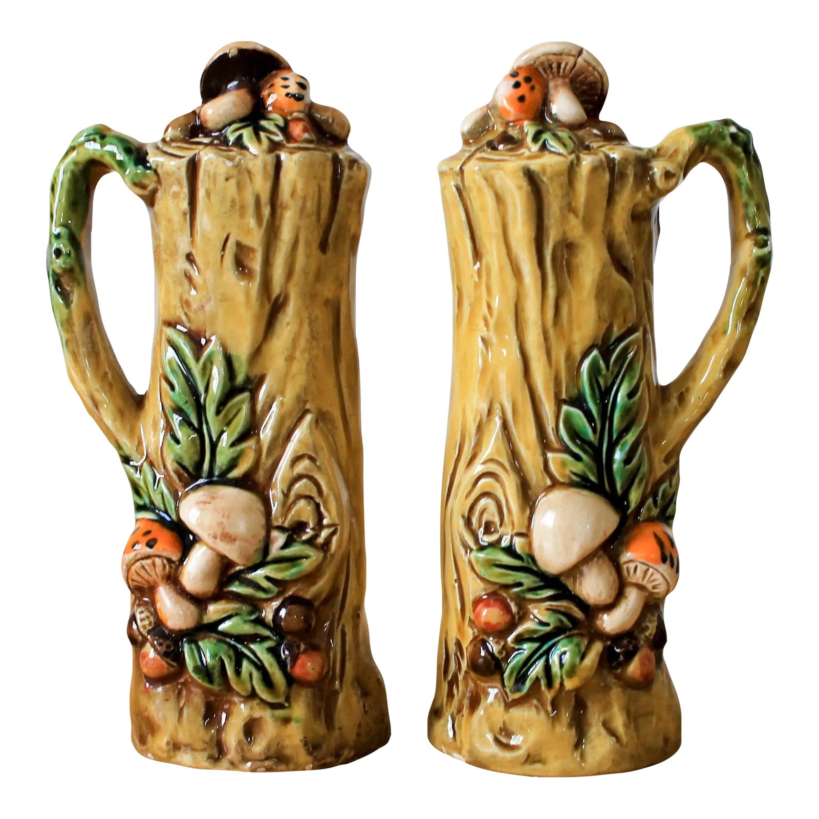 Mid Century Mushroom Salt & Pepper Shakers: Pair of mid century ceramic salt and pepper shakers with mushroom motif. No makers mark. Some small chips. One is missing bottom plug. Pictured. Condition: Alterations: Original Condition Unaltered