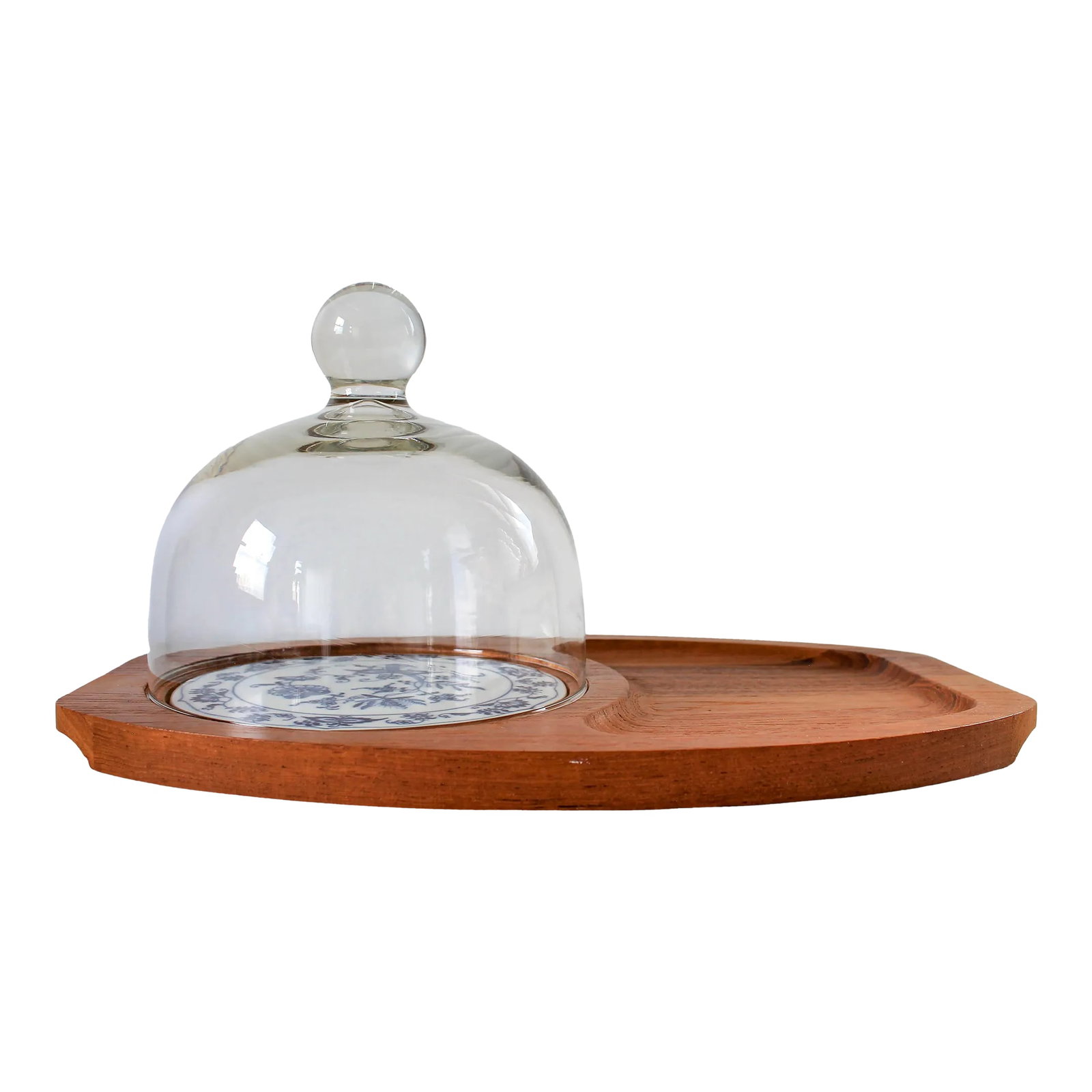 Vintage Genuine Teak Tray With Cloche by Goodwood: Vintage genuine teak tray with glass cloche cover. Features blue and white ceramic floral accents. Made by Dolphin. Condition: Alterations: Original Condition Unaltered Imperfections: Some
