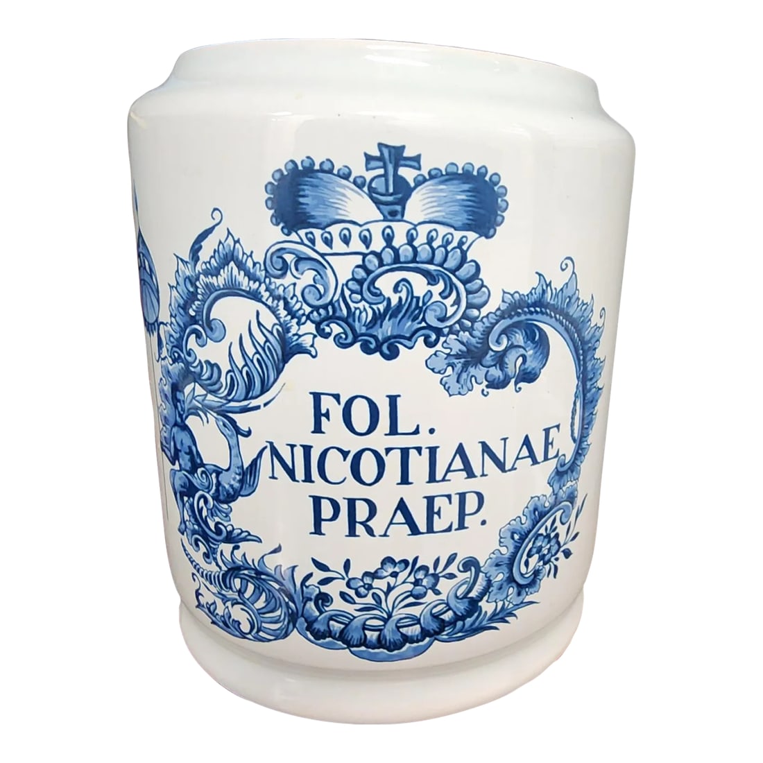 Holland Delft Fine Ceramic Lidded Apothecary Jar: Holland Delft Fine Ceramic Lidded Apothecary Jar "Fol. Nicotianae Praep. (Tobacco Humidor Jar) Cobalt Blue and White, Hand-Painted. Dimensions: 8 1/2" w/Lid Makers Mark on Bottom; Made in Holland Exce