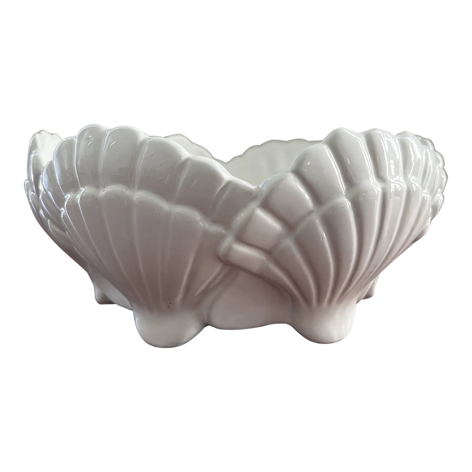 Vintage White Ceramic Scallop Shell Serving Bowl: This all vintage white footed scallop shell bowl is a wonderful piece. It timeless and classic and works with most any style, especially anyone who favors a Palm Beach, Hollywood Regency or Coastal