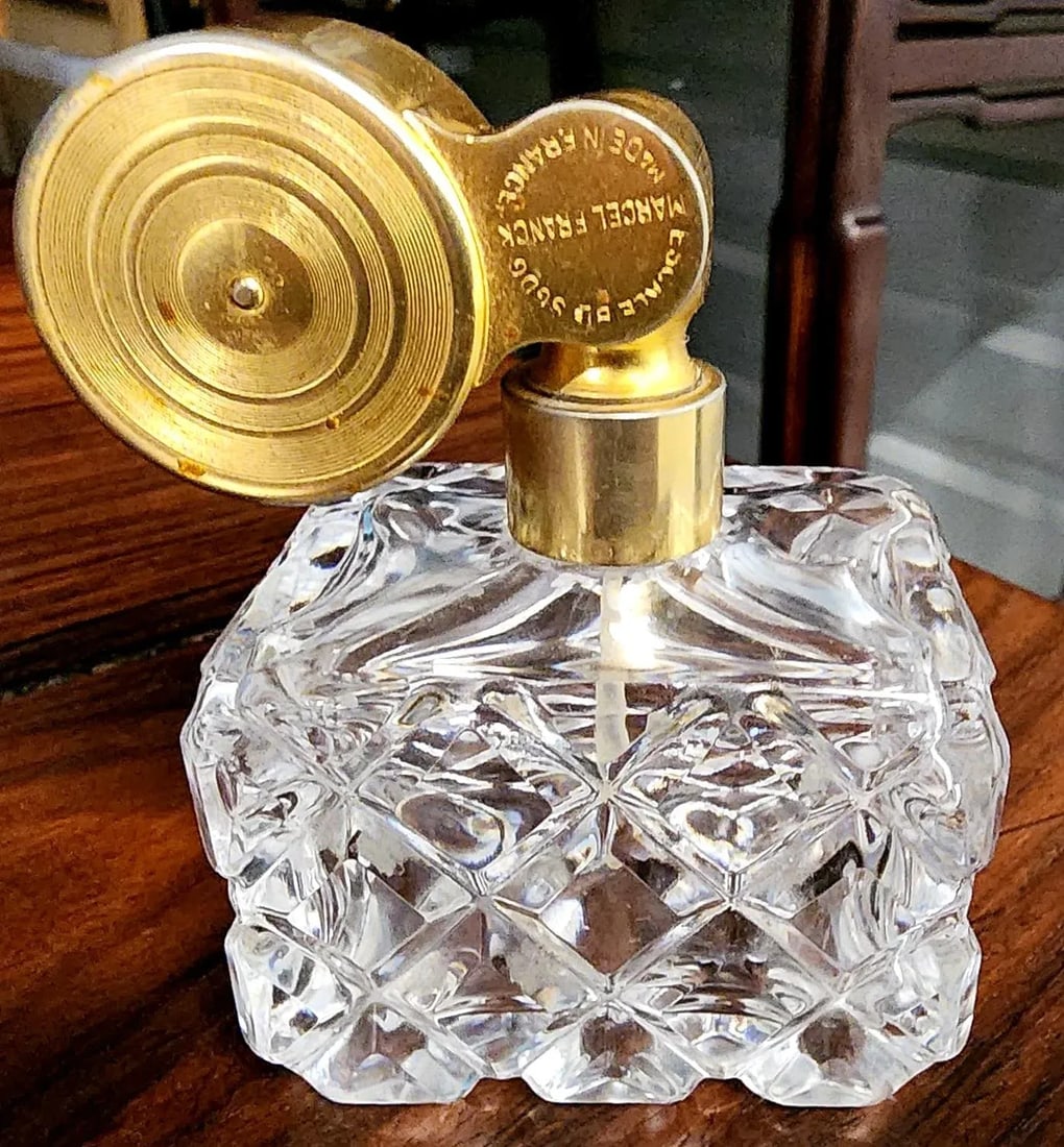 Marcel Franck Vintage Fine Deep Cut Crystal Perfume Bottle W/Brass Atomizer - 10