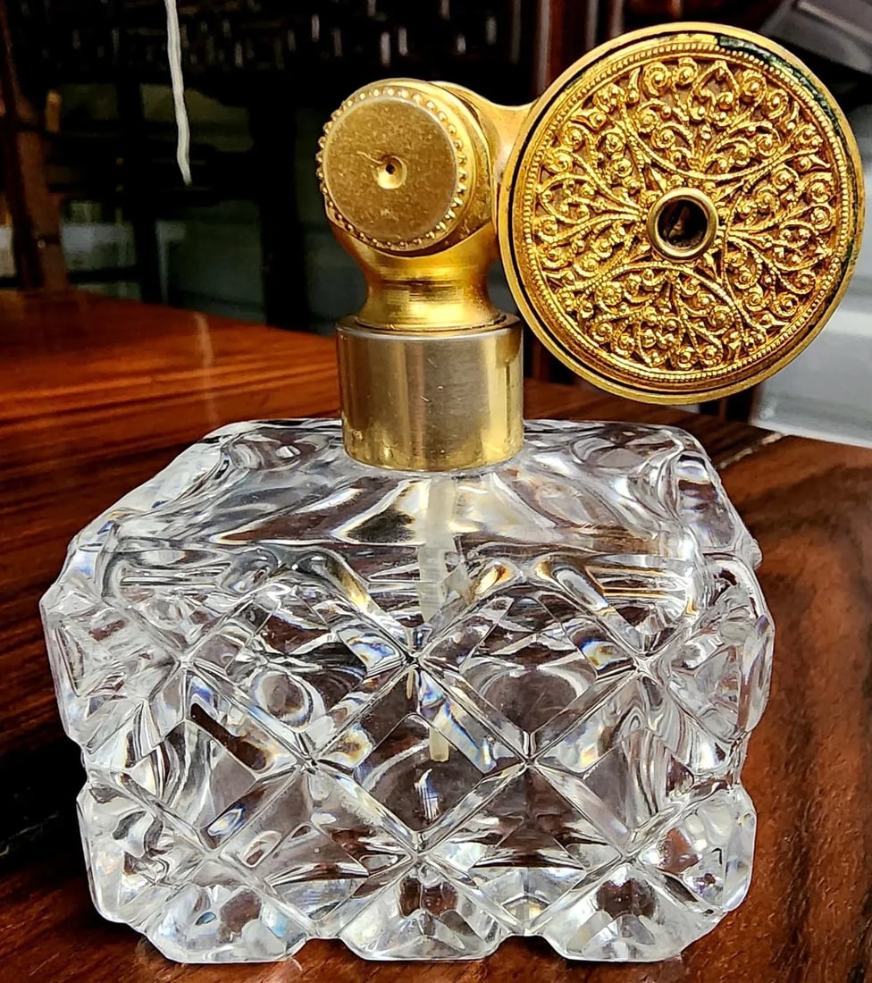 Marcel Franck Vintage Fine Deep Cut Crystal Perfume Bottle W/Brass Atomizer - 11