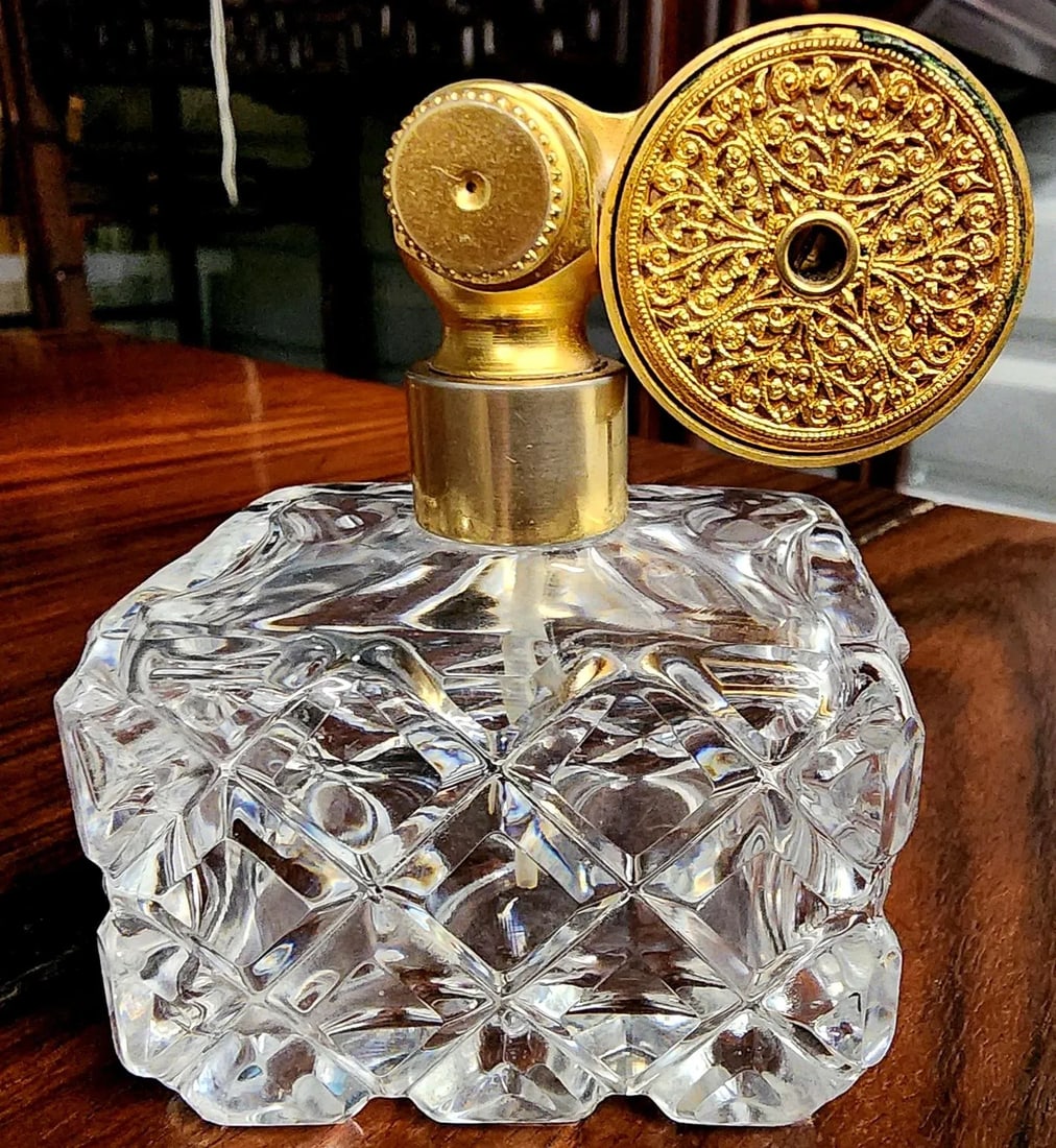 Marcel Franck Vintage Fine Deep Cut Crystal Perfume Bottle W/Brass Atomizer - 12