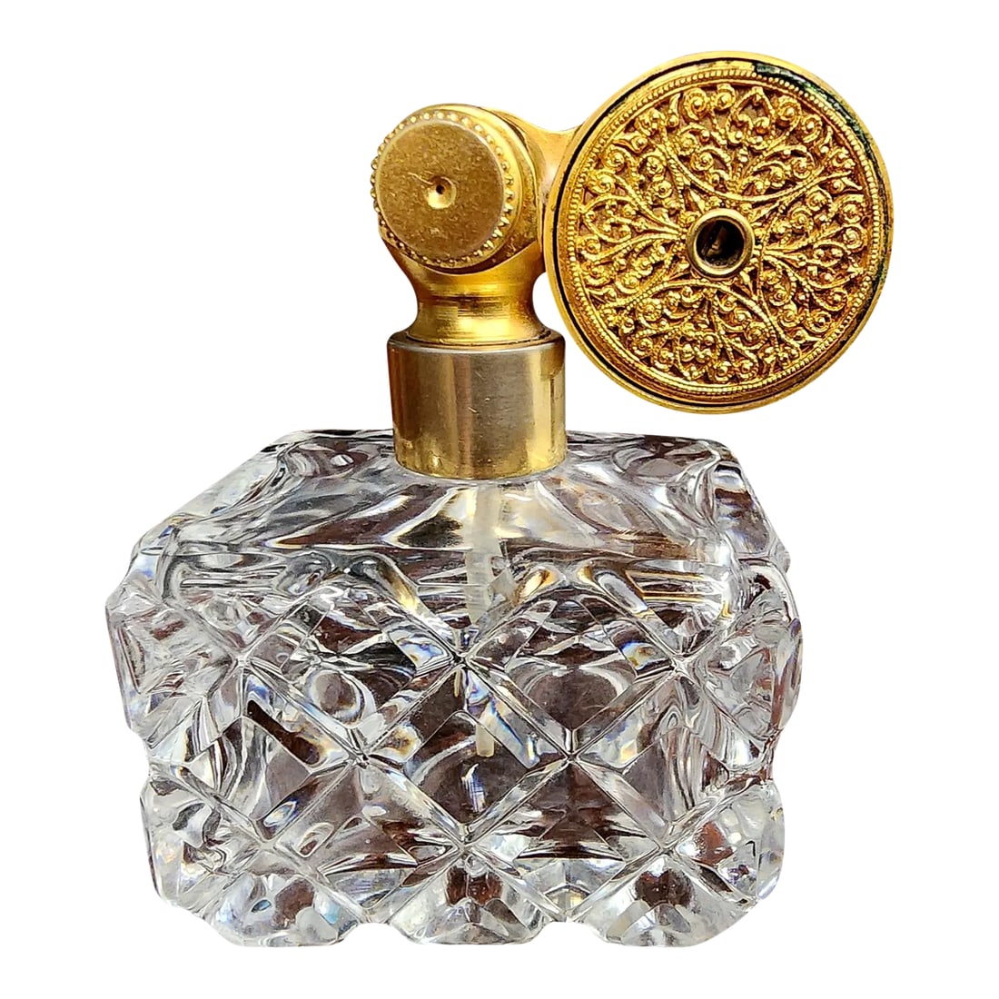 Marcel Franck Vintage Fine Deep Cut Crystal Perfume Bottle W/Brass Atomizer: Marcel Franck Vintage Fine Deep Cut Heavy Crystal Perfume Bottle W/Brass Atomizer. Description: Very Fine Condition Fine Deep Heavy Cut Crystal Bottle W/Brass Atomizer. Made in France: Marcel Franck E