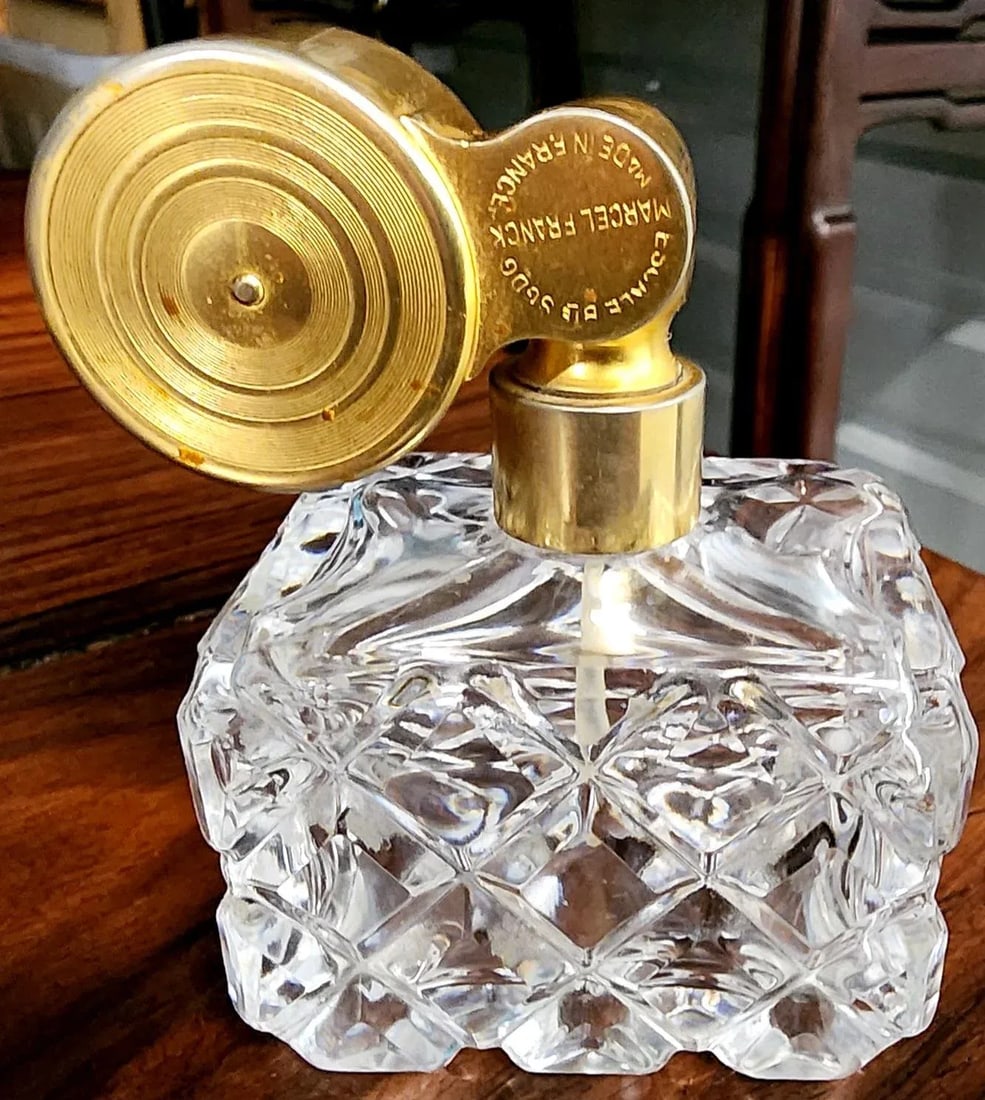 Marcel Franck Vintage Fine Deep Cut Crystal Perfume Bottle W/Brass Atomizer - 3