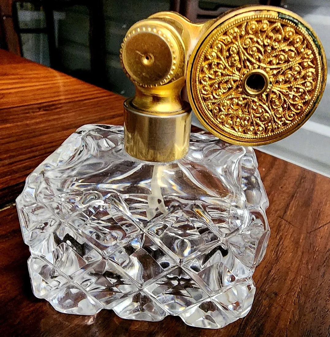 Marcel Franck Vintage Fine Deep Cut Crystal Perfume Bottle W/Brass Atomizer - 6