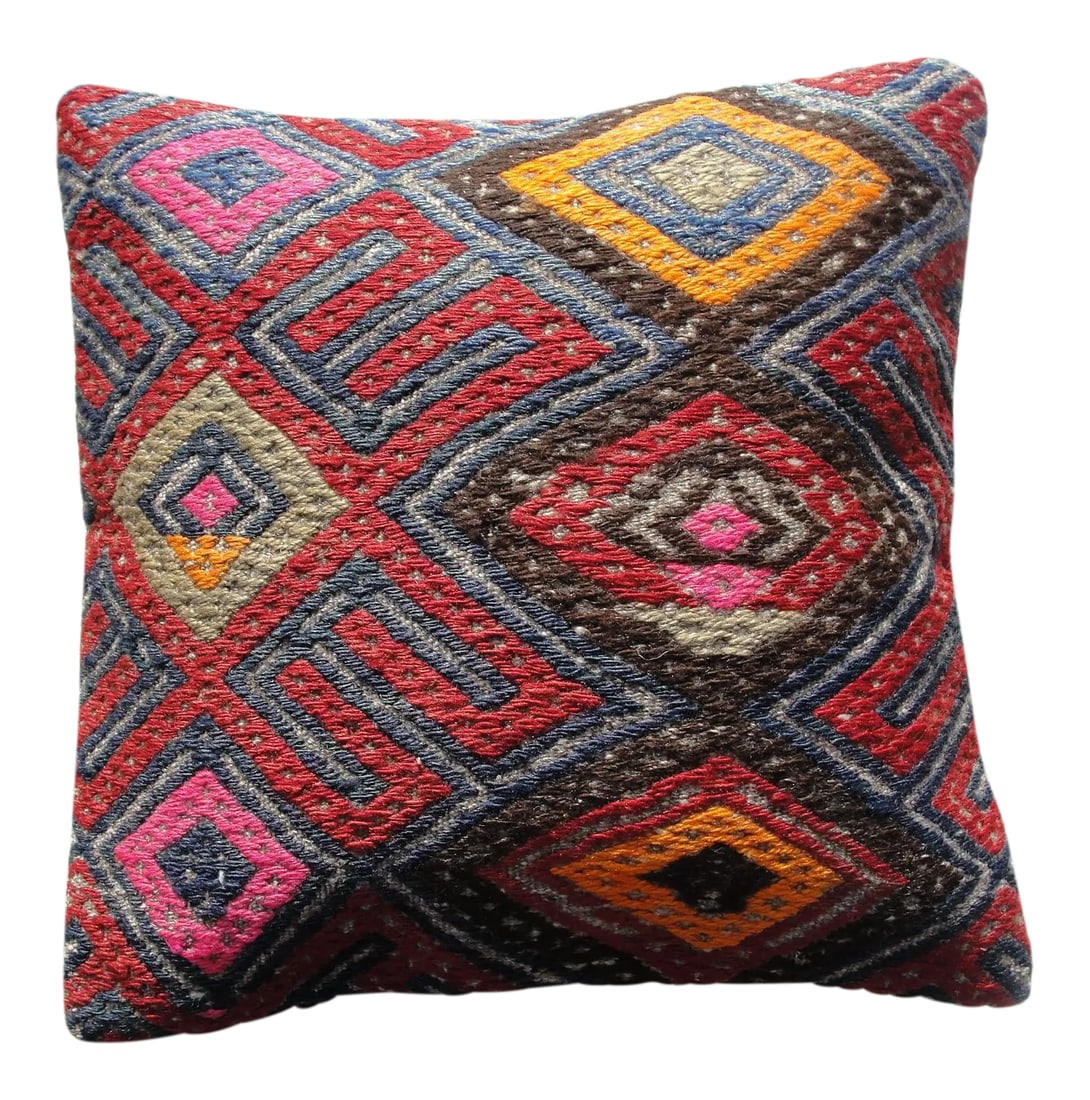 Kilim Rug Pillow: Kilim Rug Pillow Made from old turkish kilims Back side cotton and has closed with a solid hidden zipper size:16" x 16" It is ready to use. The colors come from vegetable dyes. less less less less