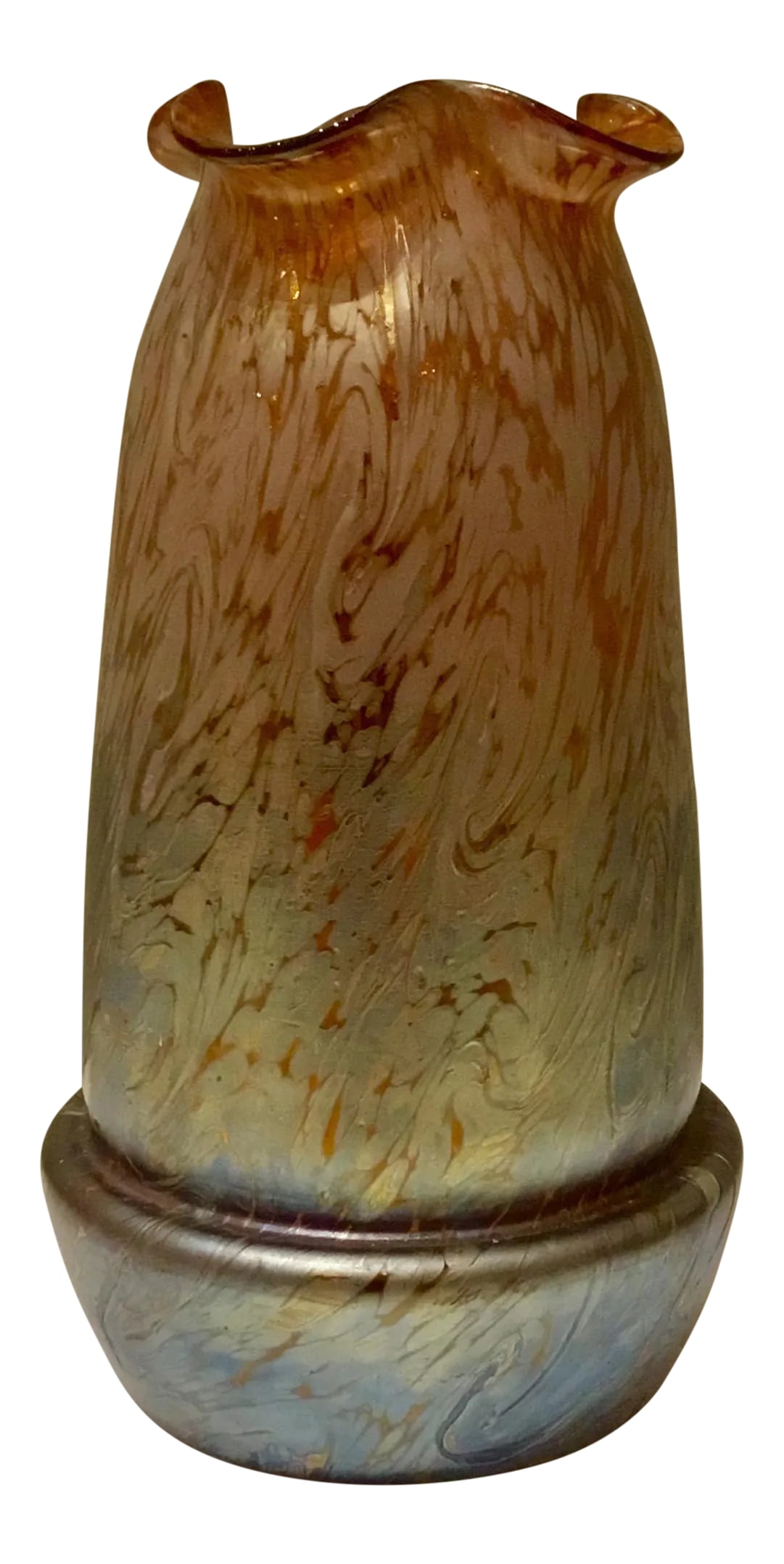 Loetz Art Glass Vase: Vintage blue and amber iridescent oil spot art glass vase with a crimped top and unusual cinched base. Condition: Alterations: Original Condition Unaltered Imperfections: Some Imperfections Condition